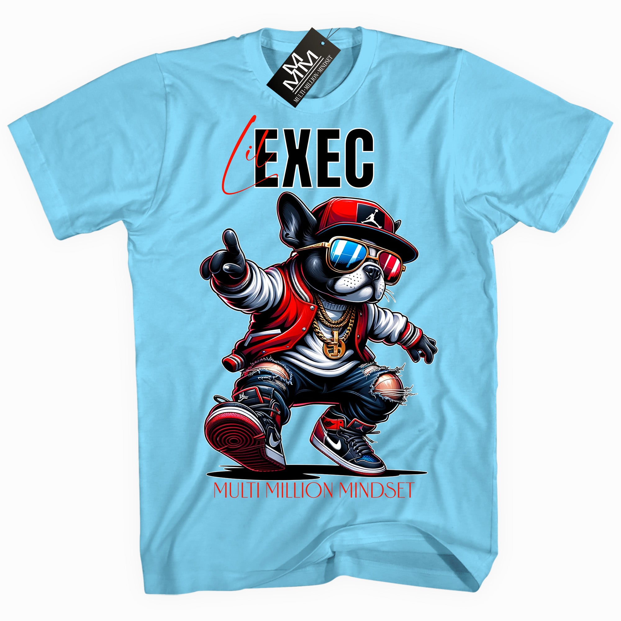 Mind Blowin lil EXEC® Big Boss Red Graphic Sky Blue Tee By Multi Million Mindset®