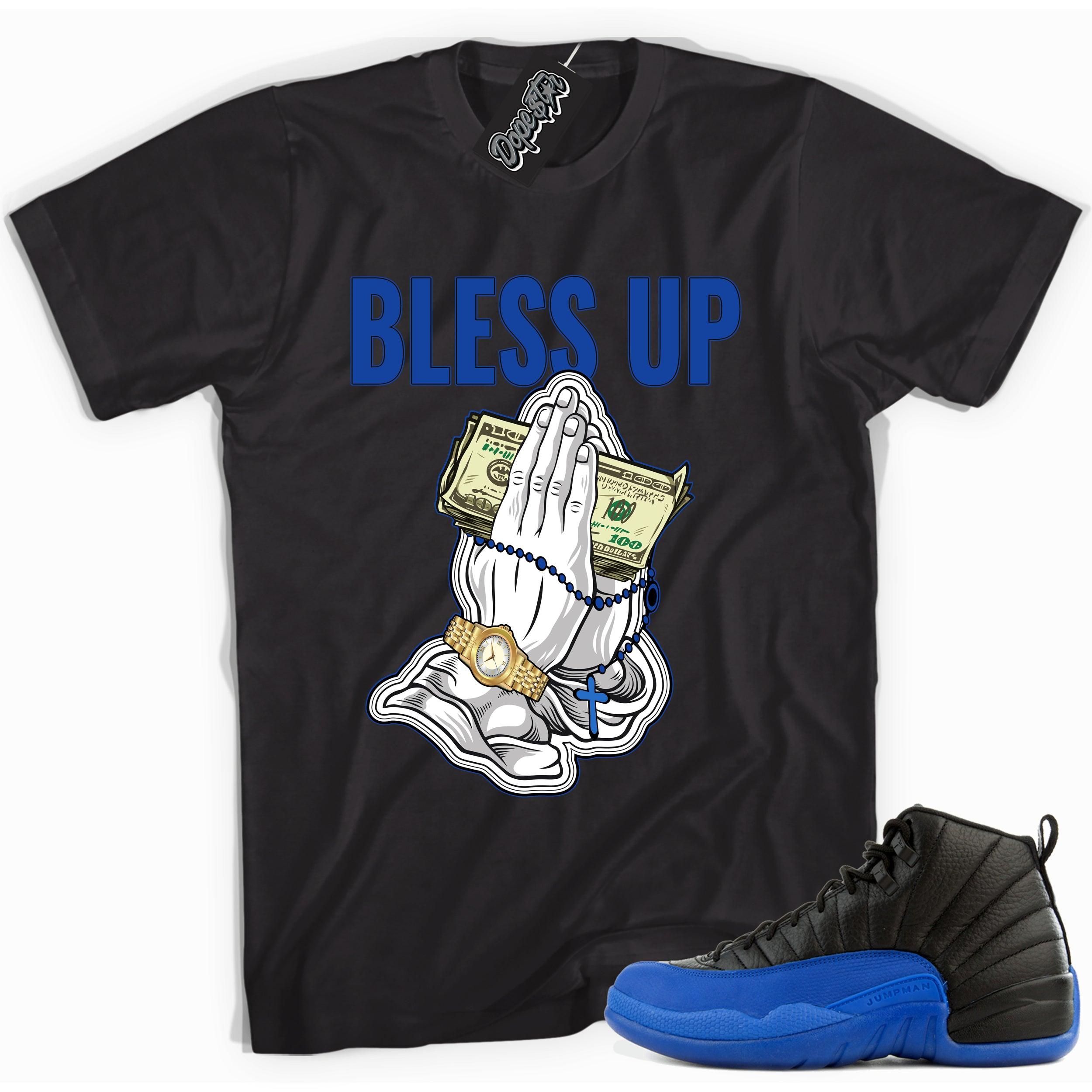 Cool black graphic tee with 'BLESS UP' print, that perfectly matches  Air Jordan 12 Retro Black Game Royal sneakers.