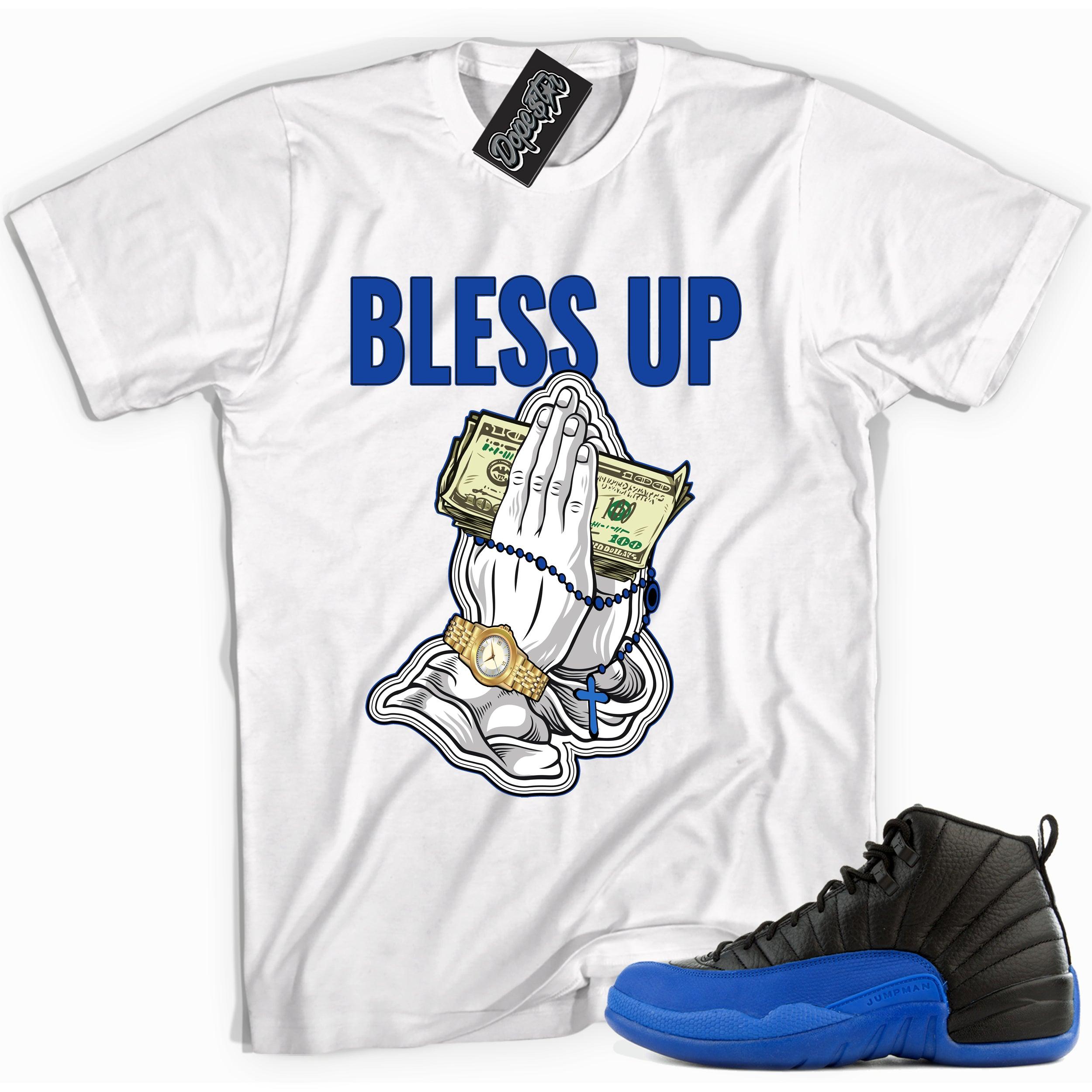 Cool WHITE graphic tee with 'BLESS UP' print, that perfectly matches Air Jordan 12 Retro Black Game Royal sneakers.