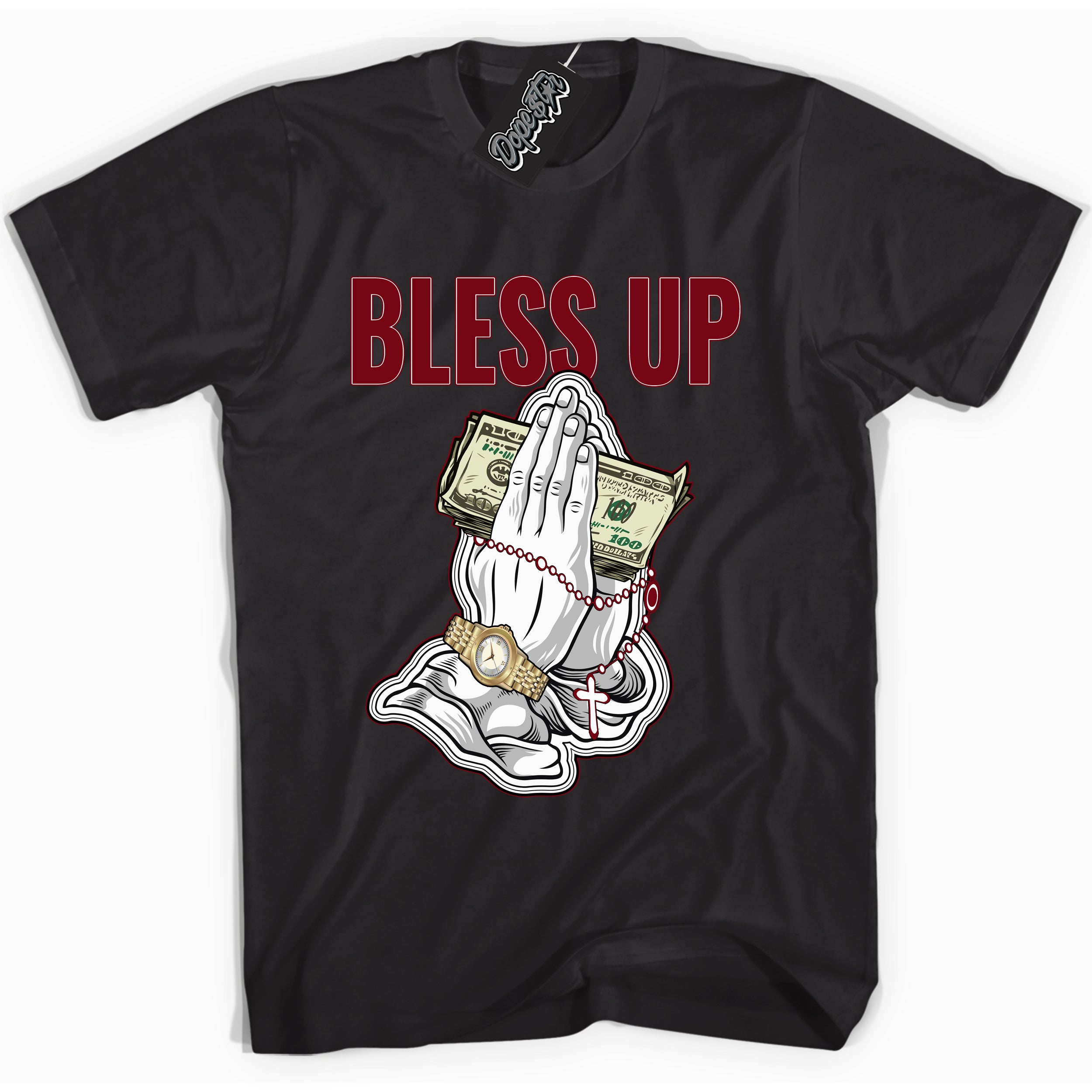 Cool Black graphic tee with “ Bless Up ” print, that perfectly matches OG Metallic Burgundy 1s sneakers 
