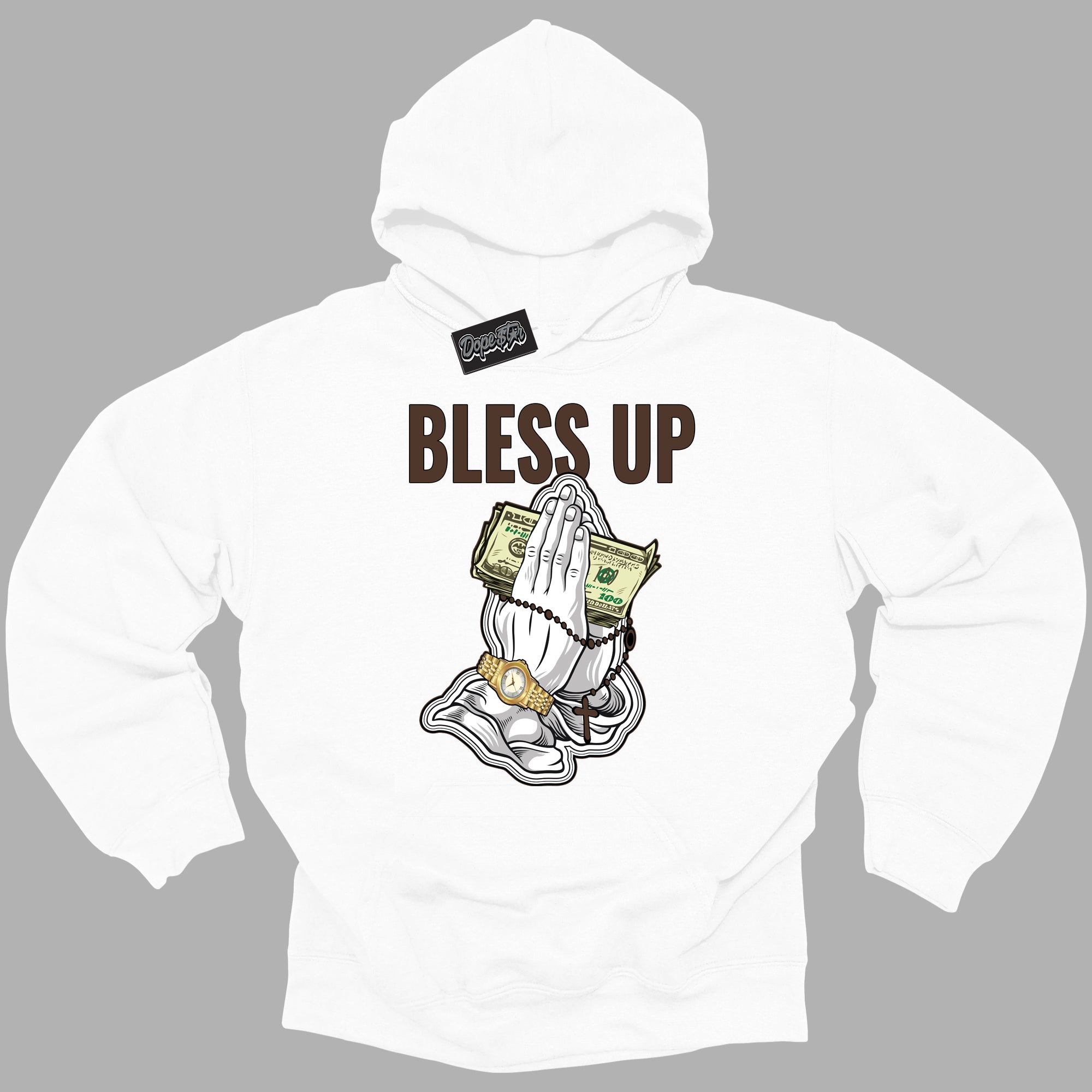 Cool White Graphic DopeStar Hoodie with “ Bless Up “ print, that perfectly matches Palomino 1s sneakers