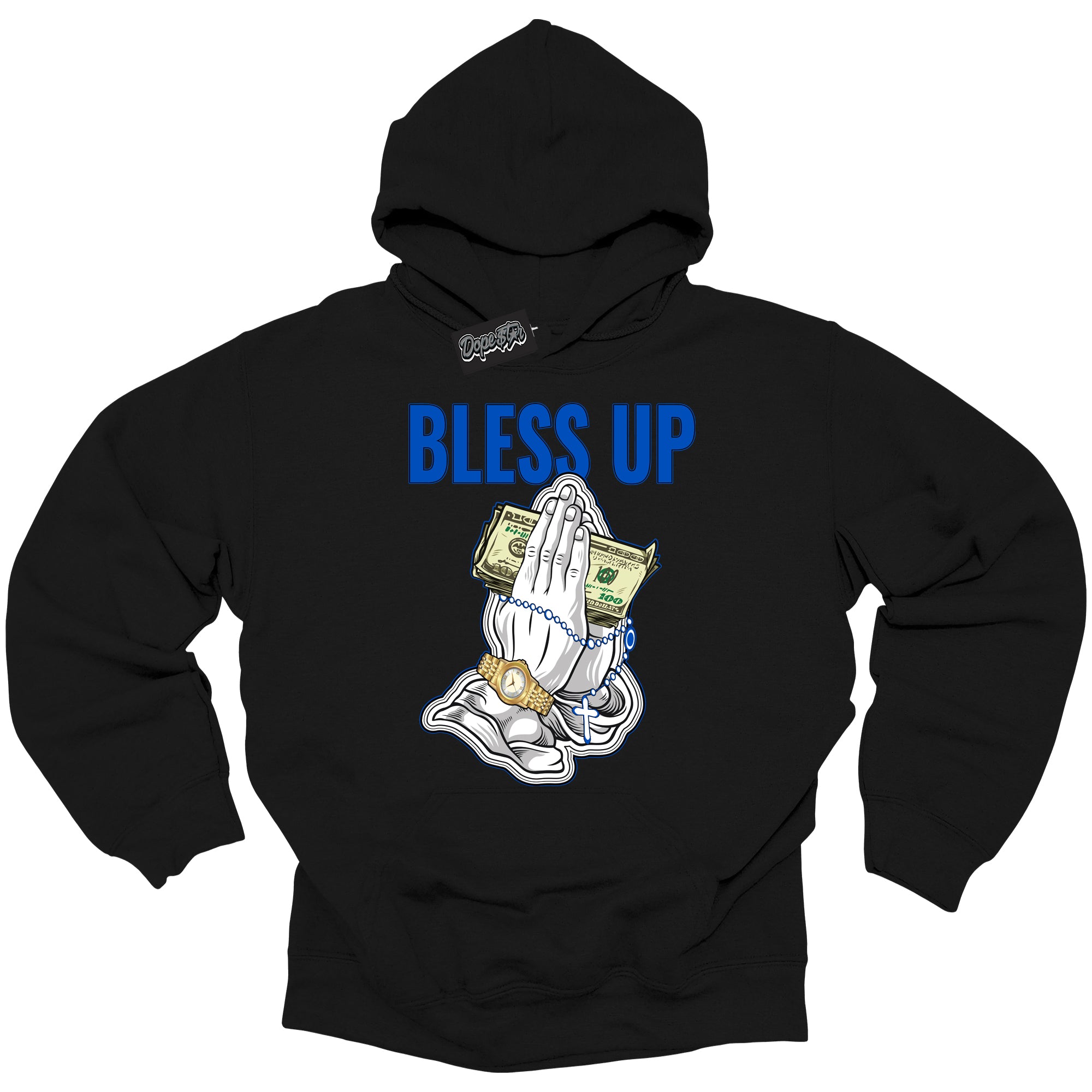 Cool Black Hoodie with “ Bless Up ”  design that Perfectly Matches  Royal Reimagined 1s Sneakers.