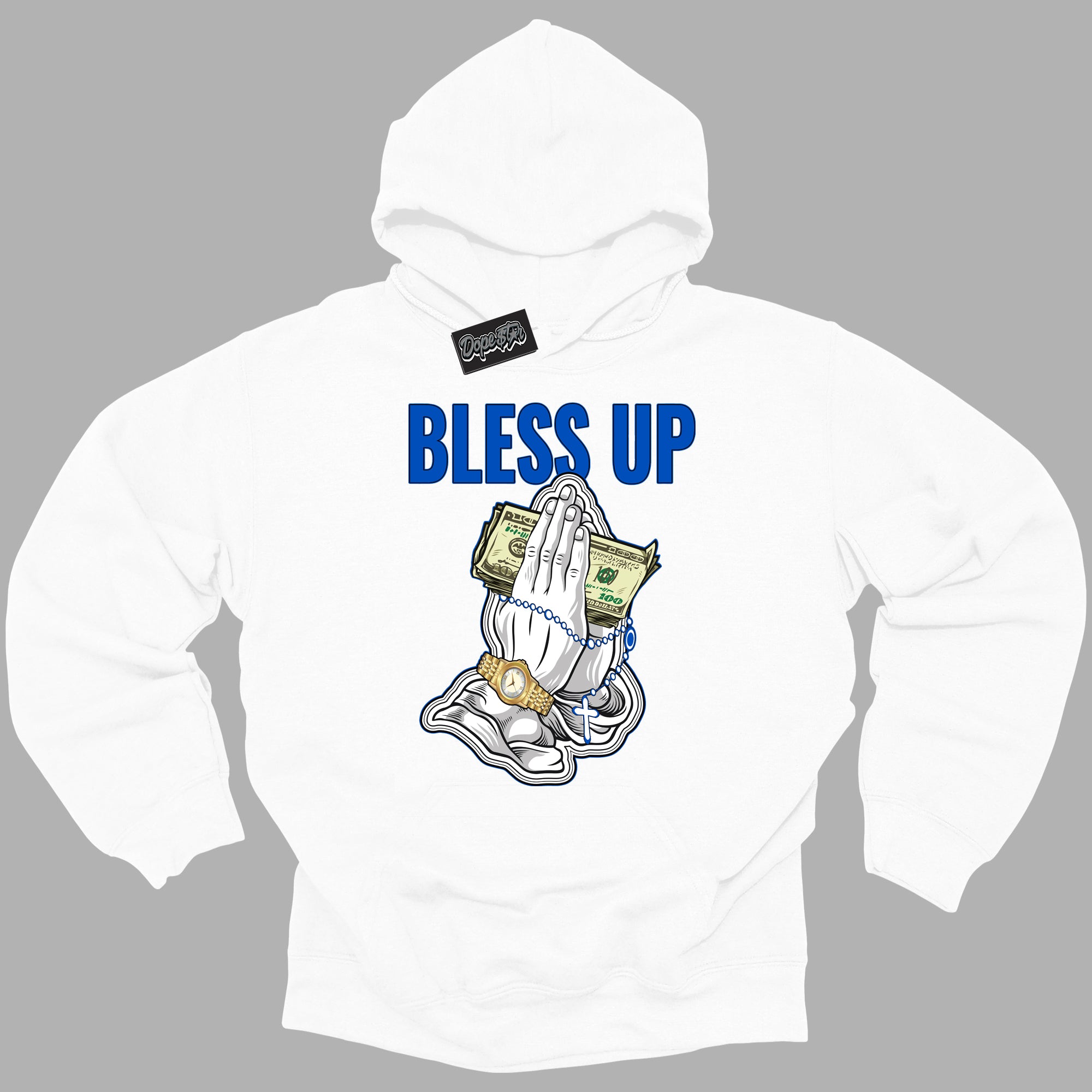 Cool White Hoodie with “ Bless Up ”  design that Perfectly Matches Royal Reimagined 1s Sneakers.