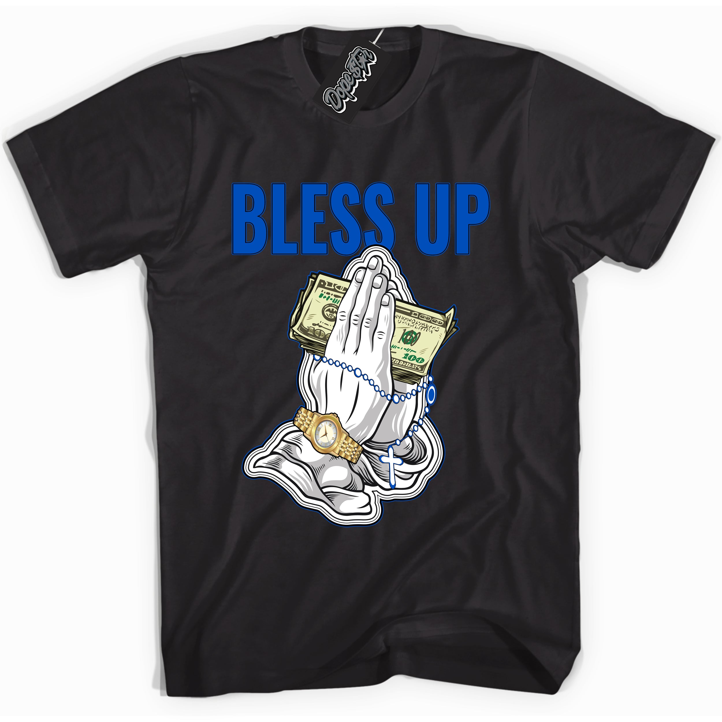 Cool Black graphic tee with "Bless Up" design, that perfectly matches Royal Reimagined 1s sneakers 