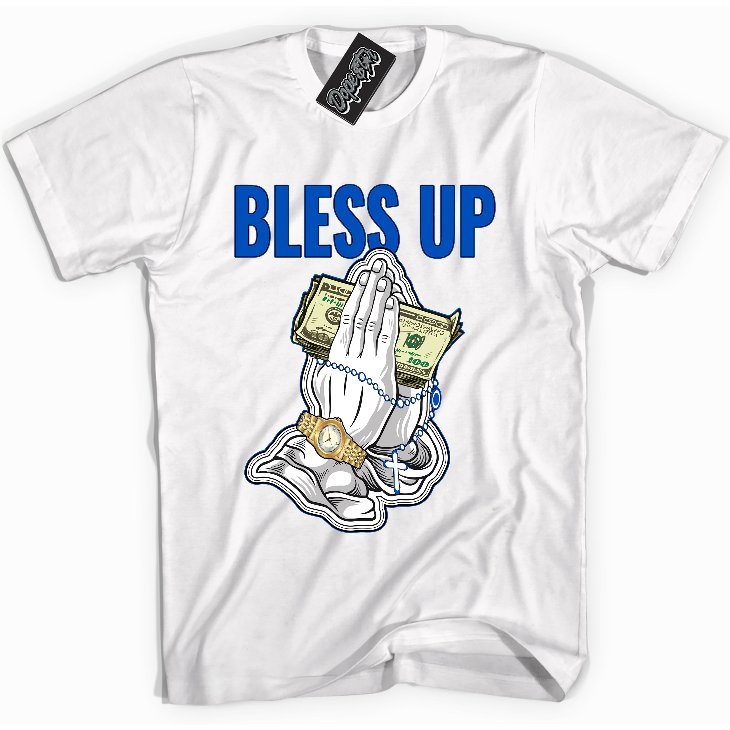 Cool White graphic tee with "Bless Up" design, that perfectly matches Royal Reimagined 1s sneakers 