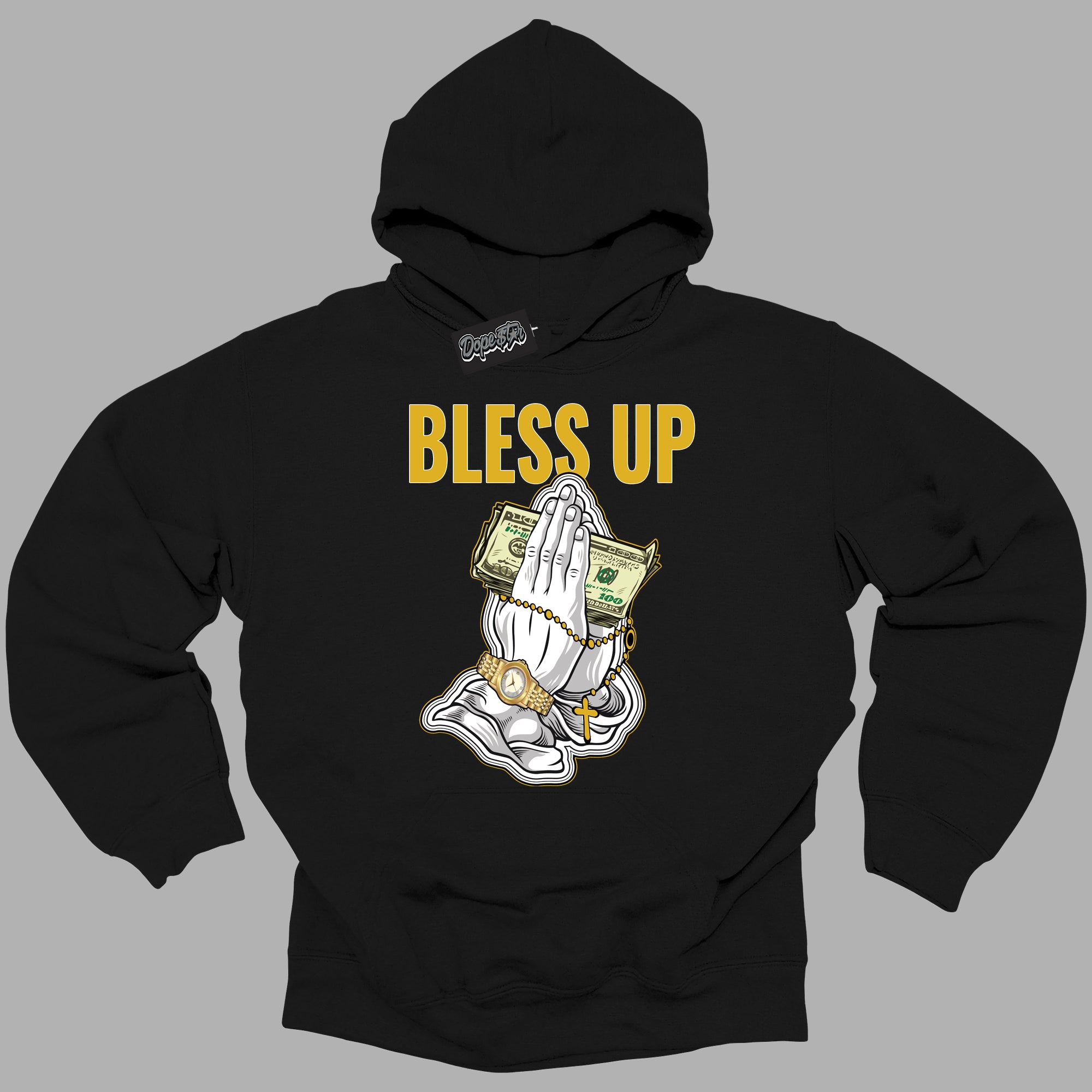 Cool Black Hoodie with “ Bless Up ”  design that Perfectly Matches Yellow Ochre 6s Sneakers.