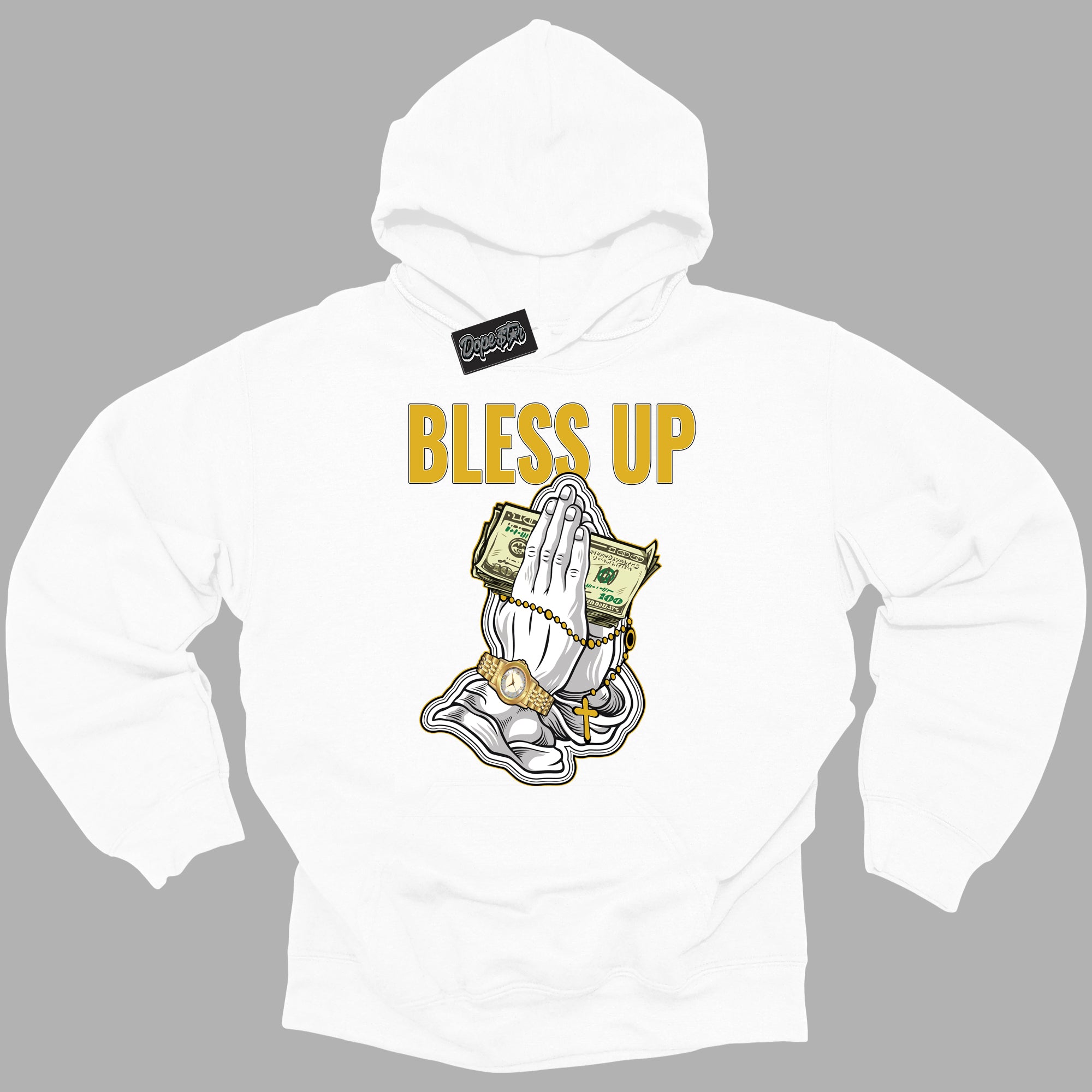 Cool White Hoodie with “ Bless Up ”  design that Perfectly Matches Yellow Ochre 6s Sneakers.