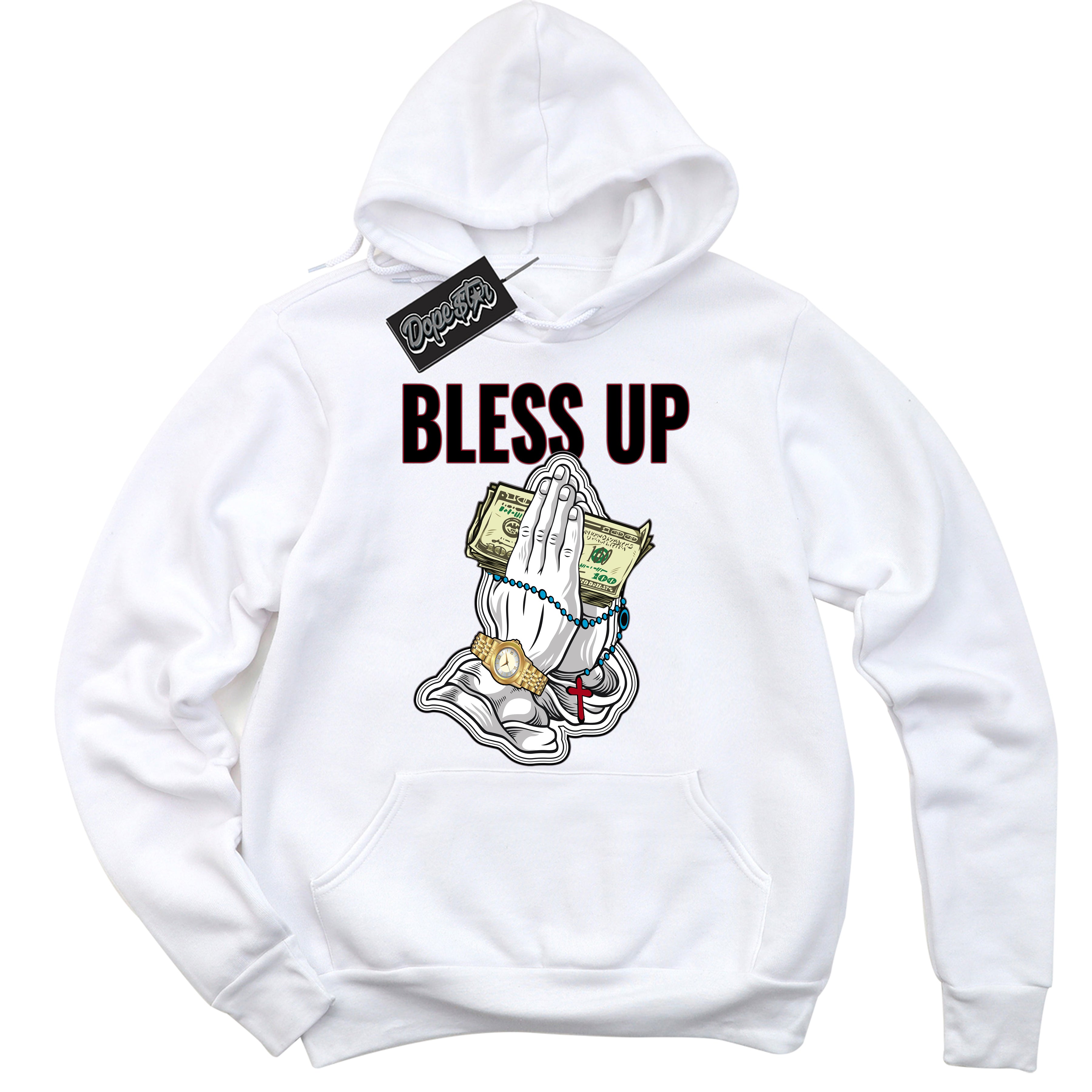 Cool White Hoodie with “ Bless Up ”  design that Perfectly Matches Bred Reimagined 4s Jordans.