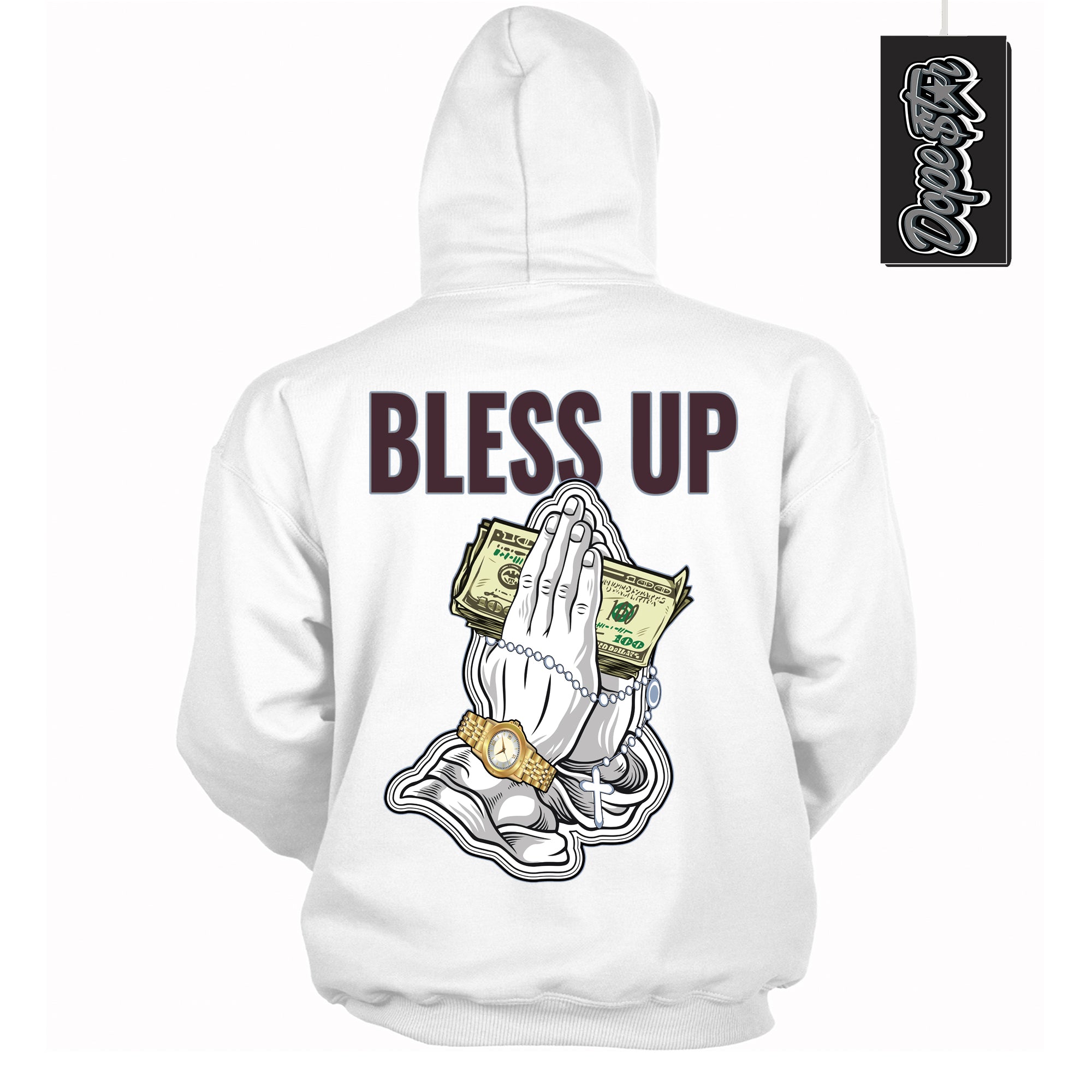 Cool White Hoodie with “ Bless Up ”  design that Perfectly Matches Burgundy 5s Sneakers.