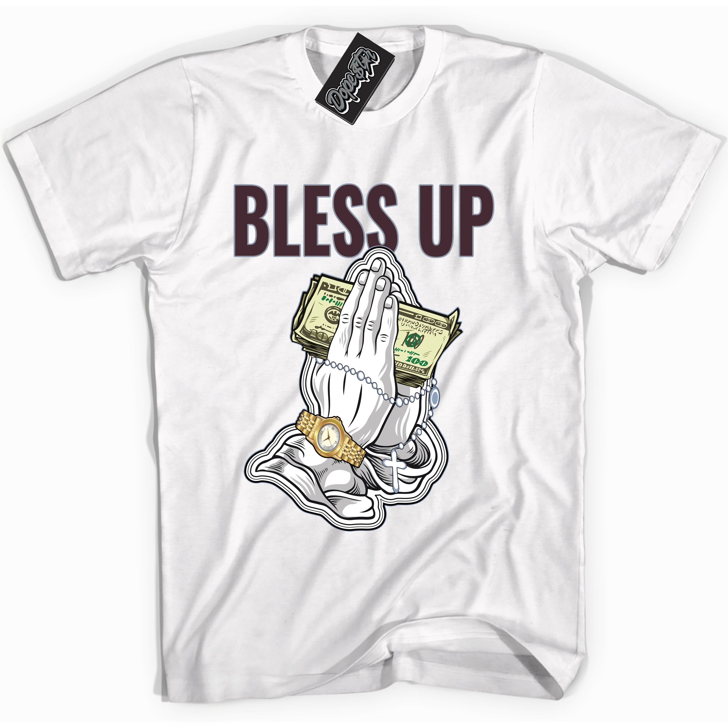 Cool White Shirt with “ Bless Up” design that perfectly matches Burgundy 5s Sneakers.