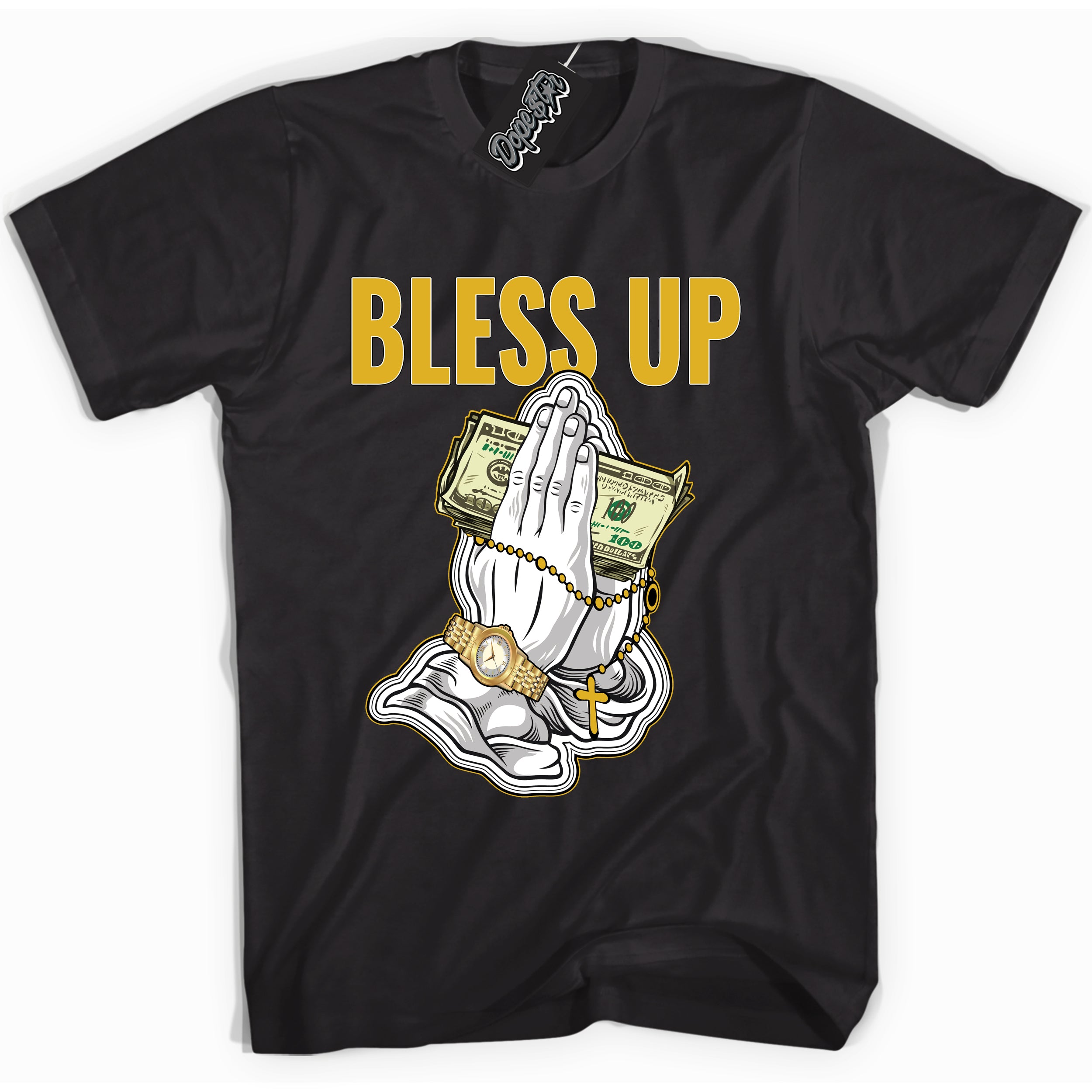 Cool Black Shirt with “ Bless Up ” design that perfectly matches Yellow Ochre 6s Sneakers.