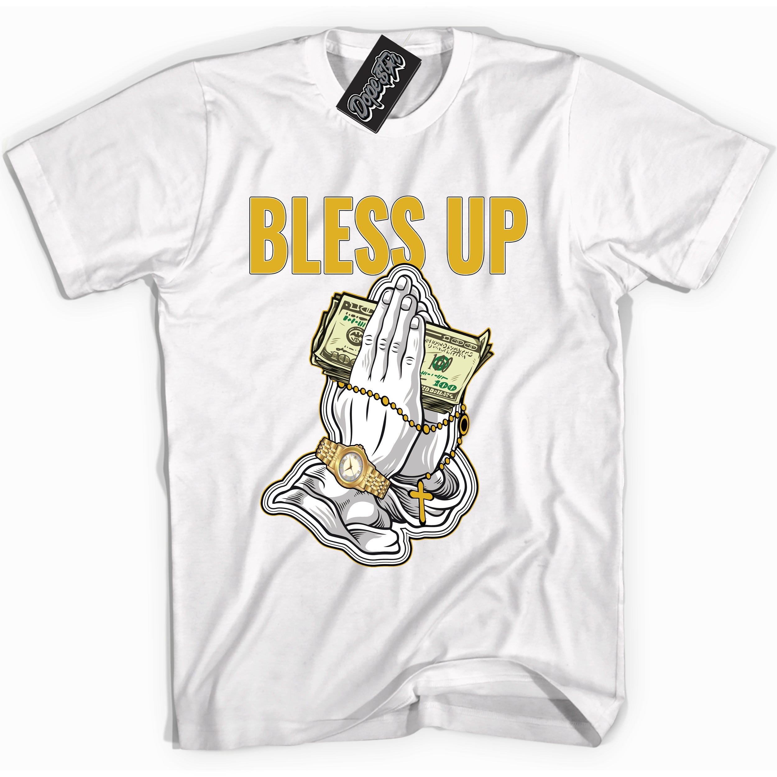 Cool White Shirt with “ Bless Up” design that perfectly matches Yellow Ochre 6s Sneakers.