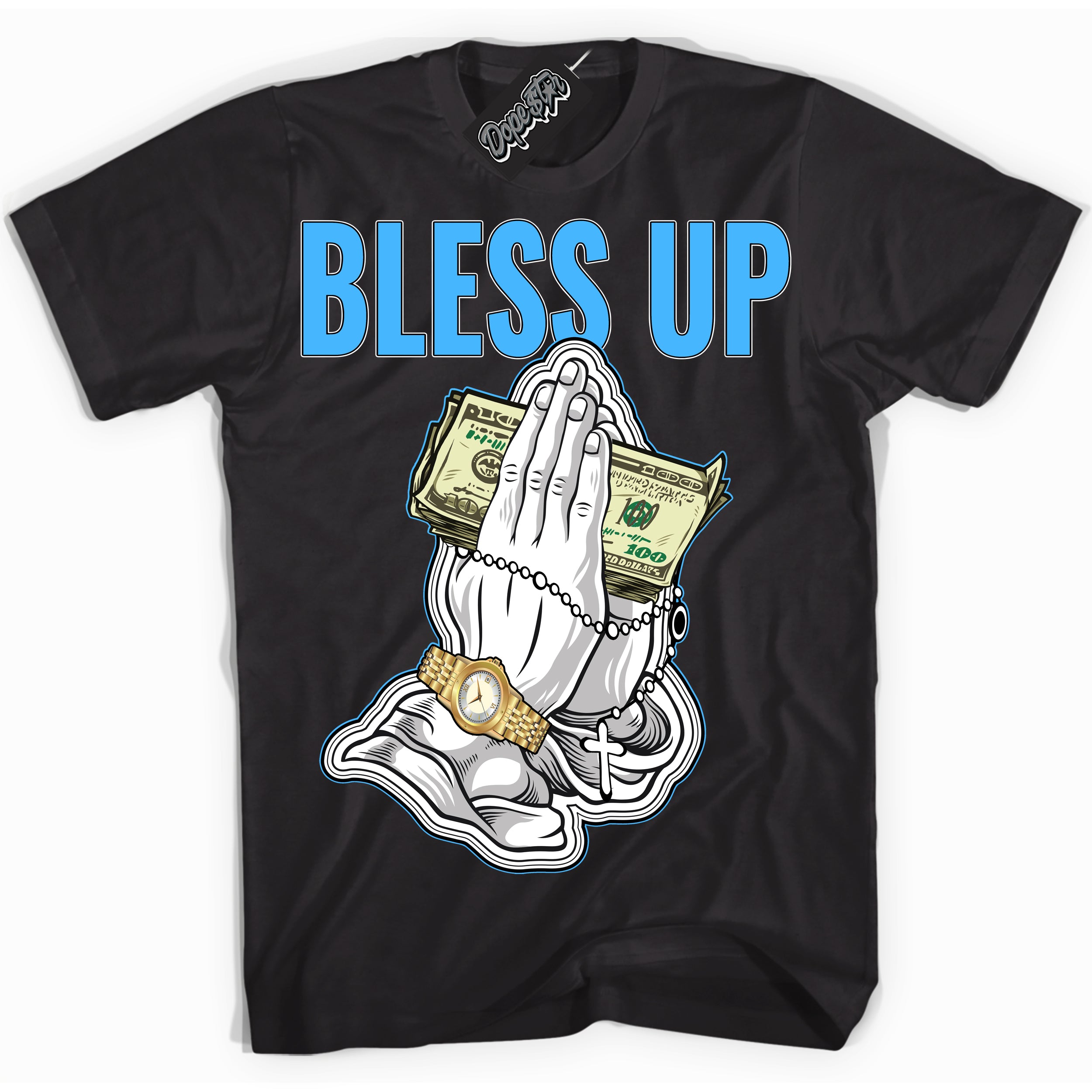 Cool Black graphic tee with “ Bless Up ” design, that perfectly matches Powder Blue 9s sneakers 