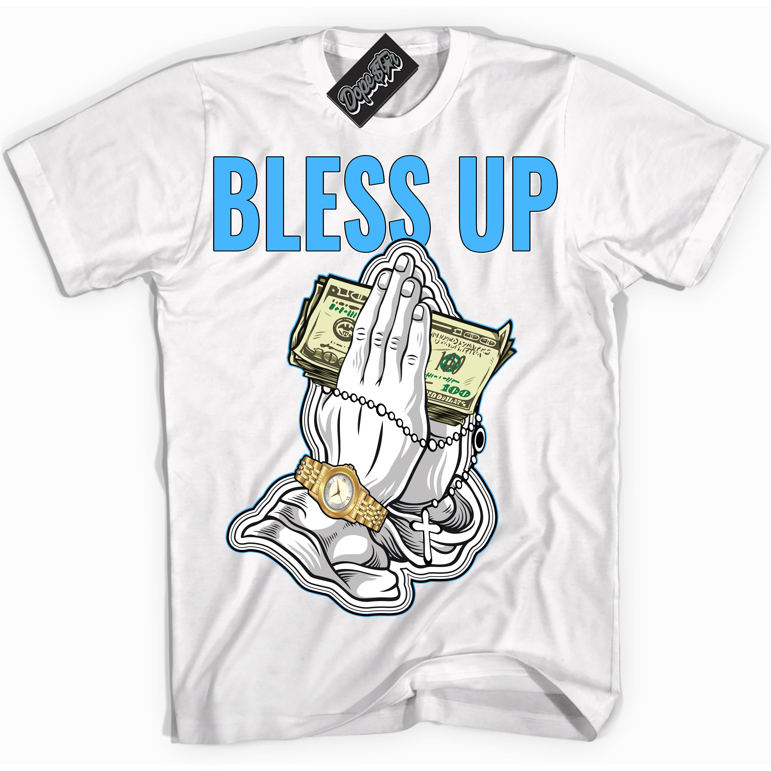 Cool White graphic tee with “ Bless Up ” design, that perfectly matches Powder Blue 9s sneakers 