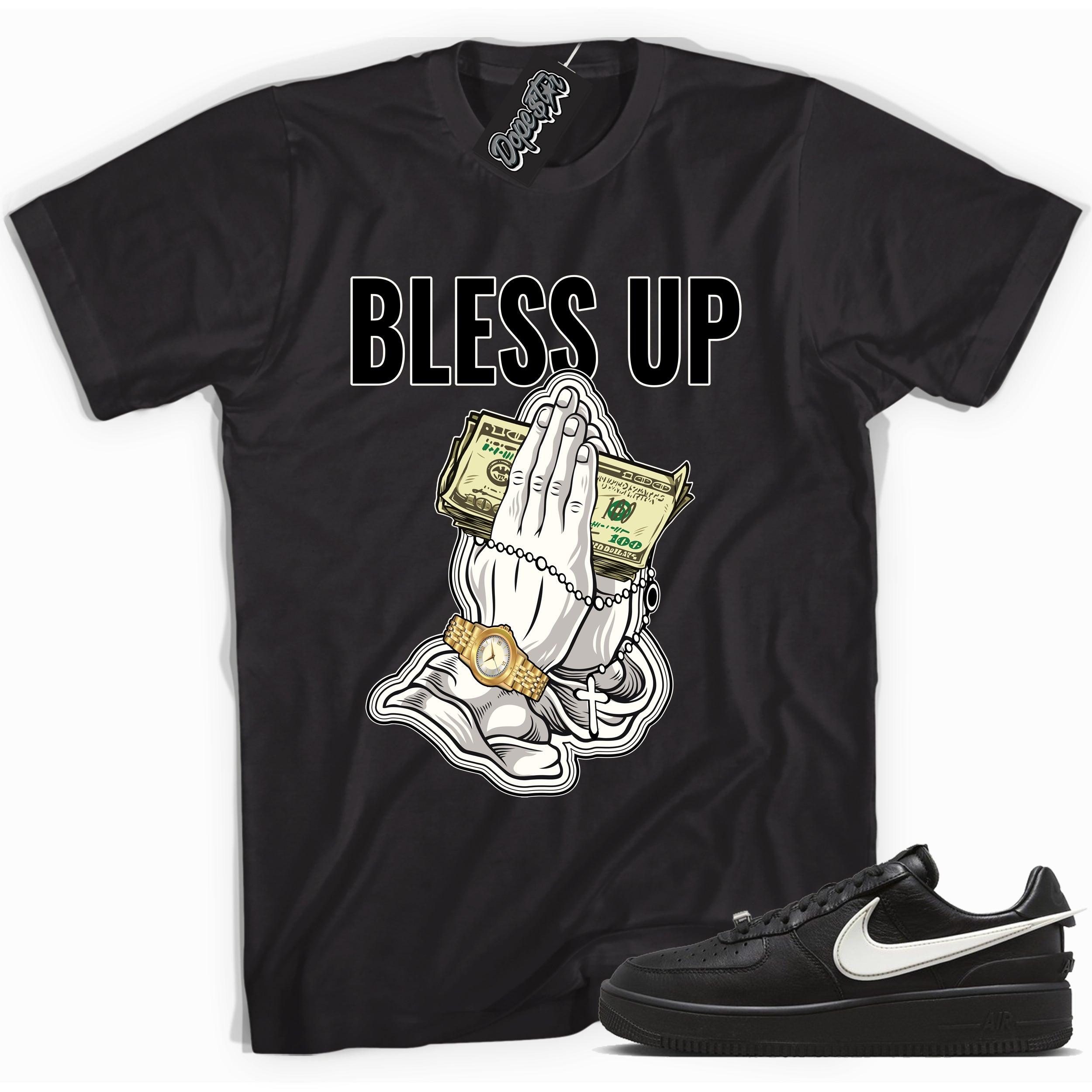 Cool black graphic tee with 'bless up' print, that perfectly matches Nike Air Force 1 Low SP Ambush Phantom sneakers.