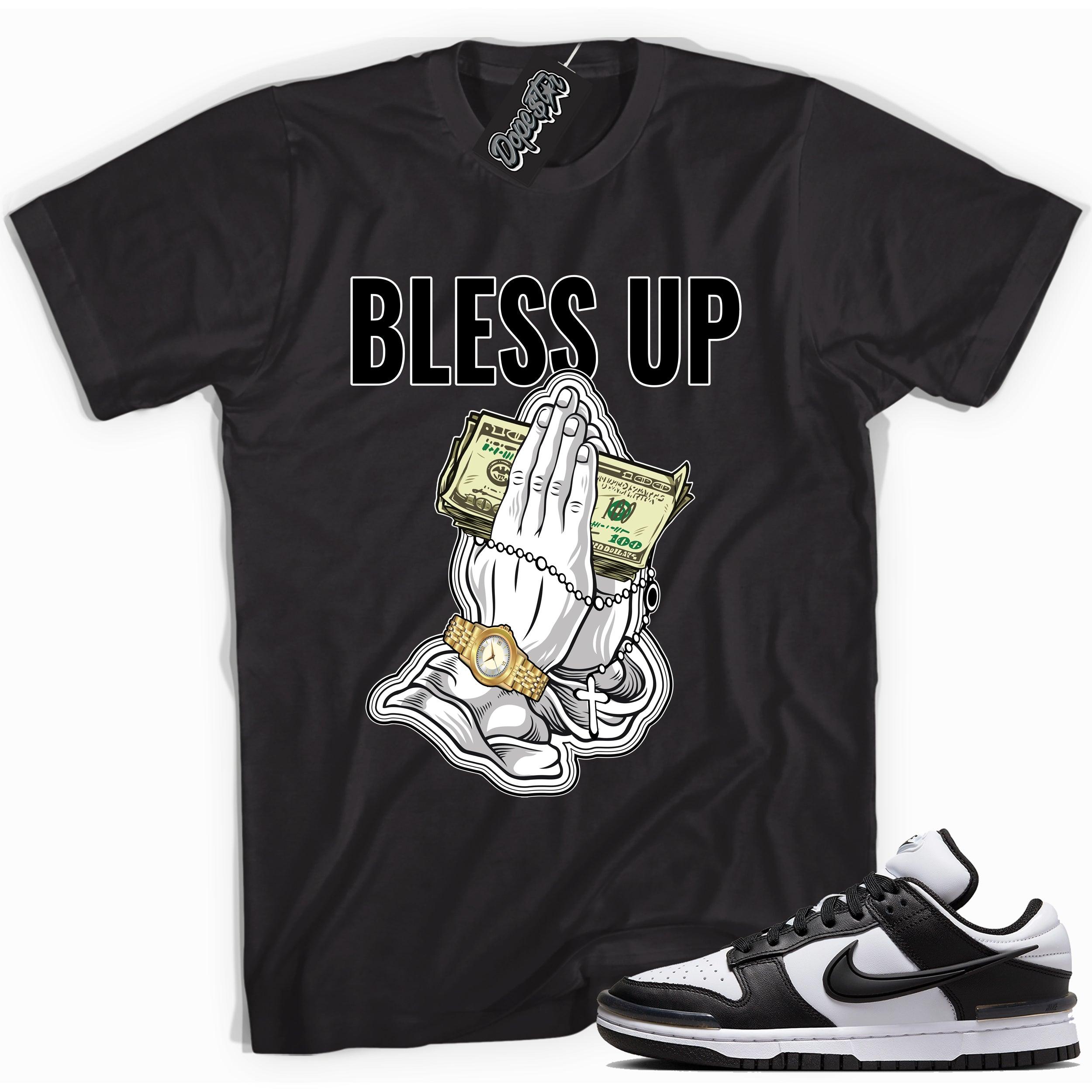 Cool black graphic tee with 'bless up' print, that perfectly matches Nike Dunk Low Twist Panda sneakers.