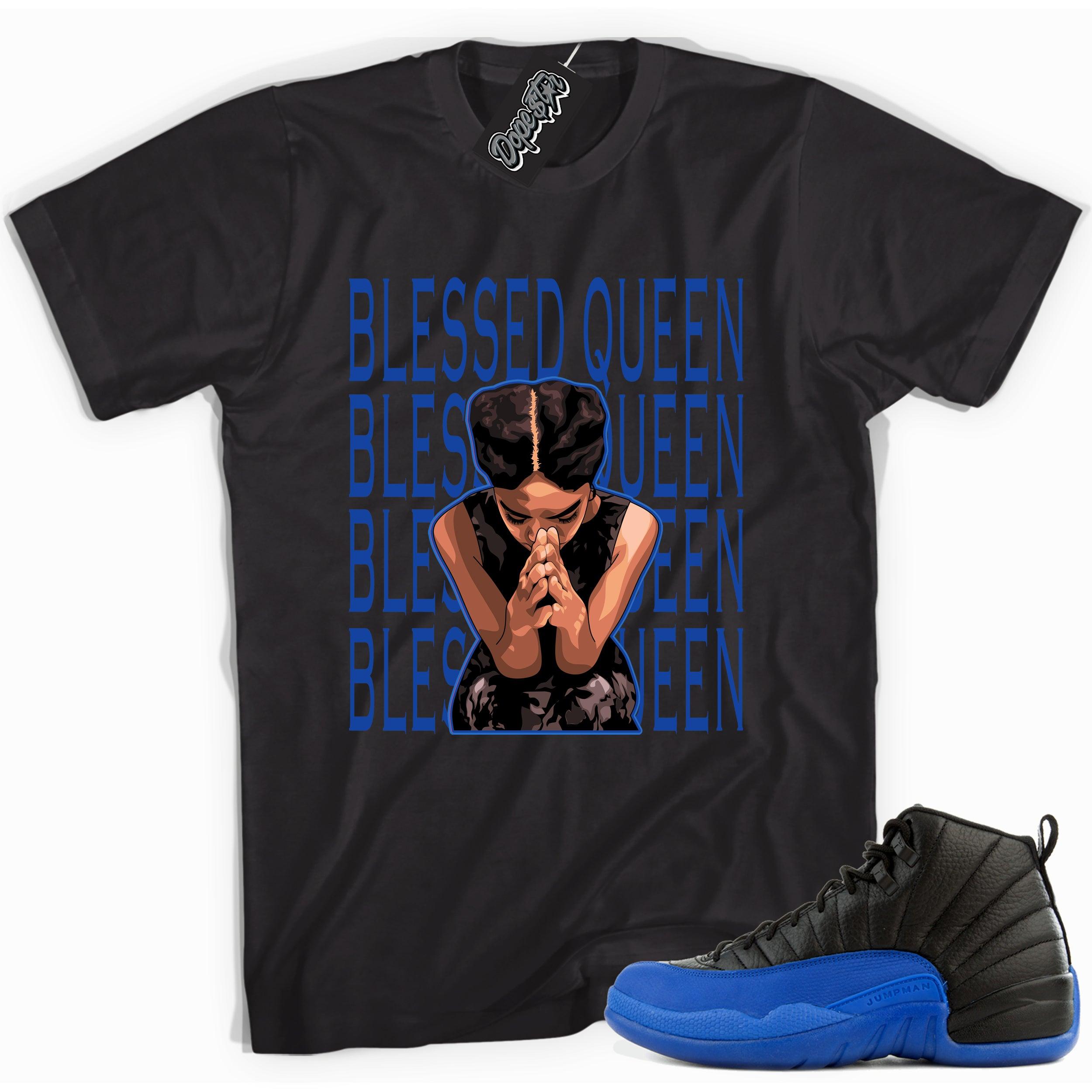 Cool black graphic tee with 'blessed queen' print, that perfectly matches  Air Jordan 12 Retro Black Game Royal sneakers.