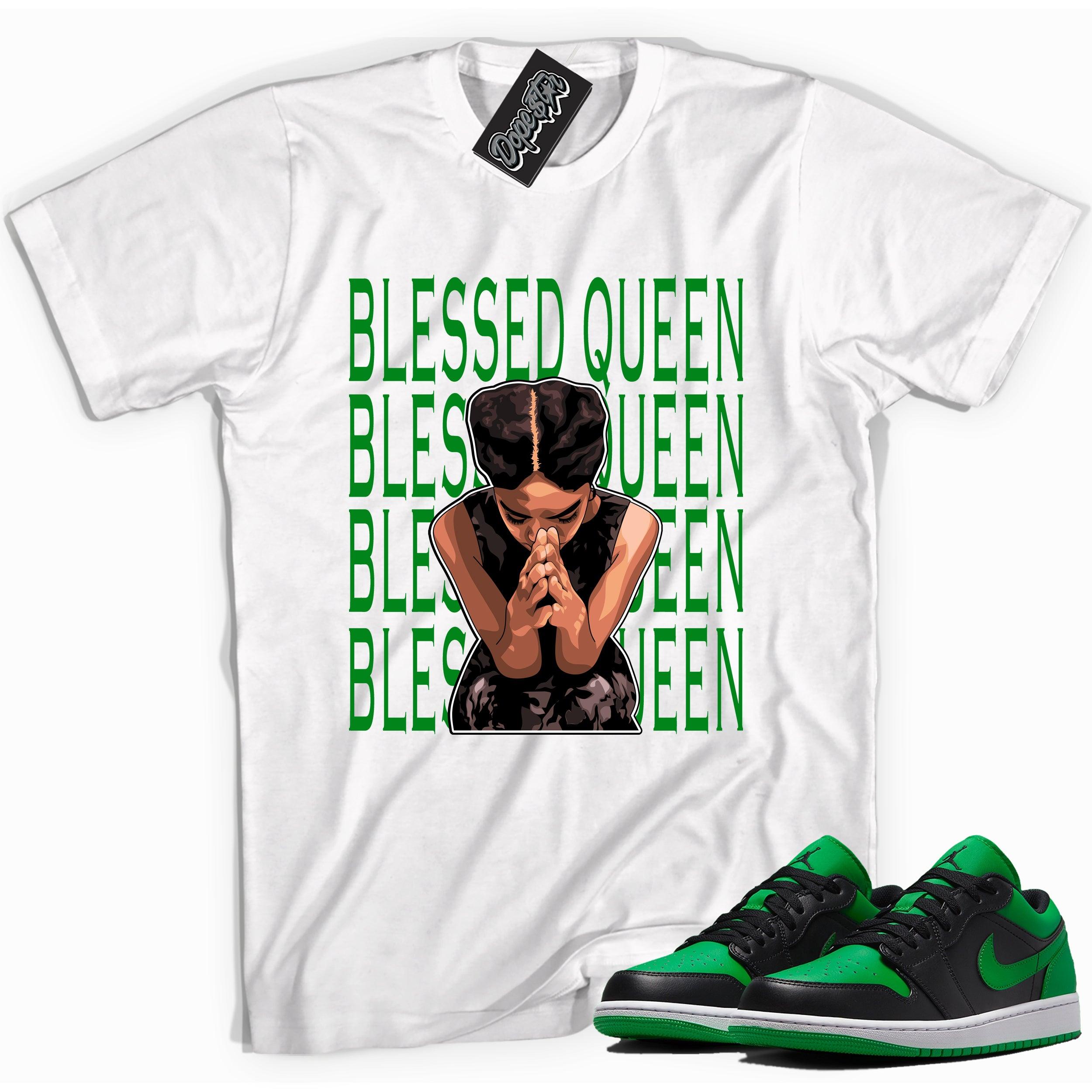 Cool white graphic tee with 'Blessed Queen' print, that perfectly matches Air Jordan 1 Low Lucky Green sneakers