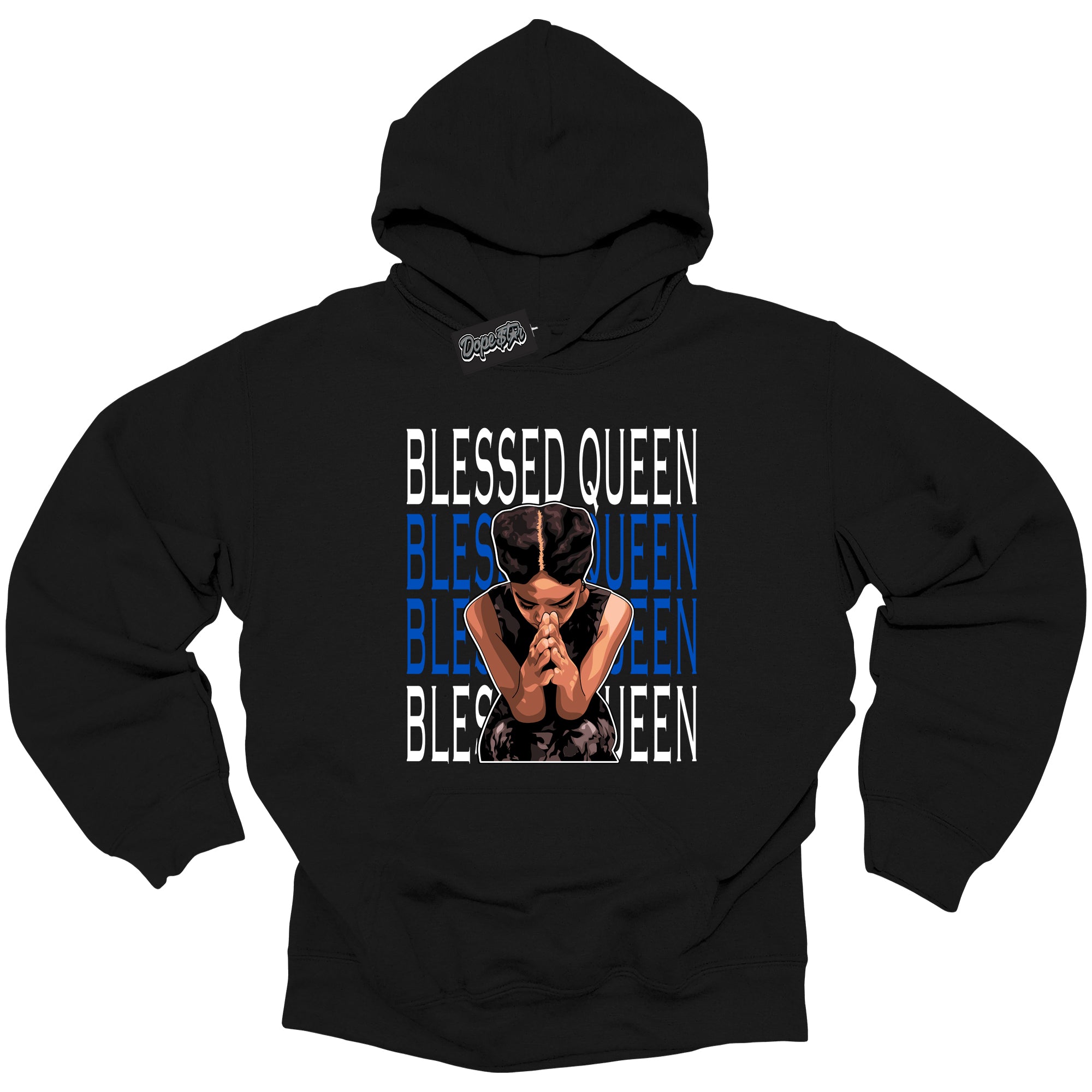 Cool Black Hoodie with “ Blessed Queen ”  design that Perfectly Matches  Royal Reimagined 1s Sneakers.