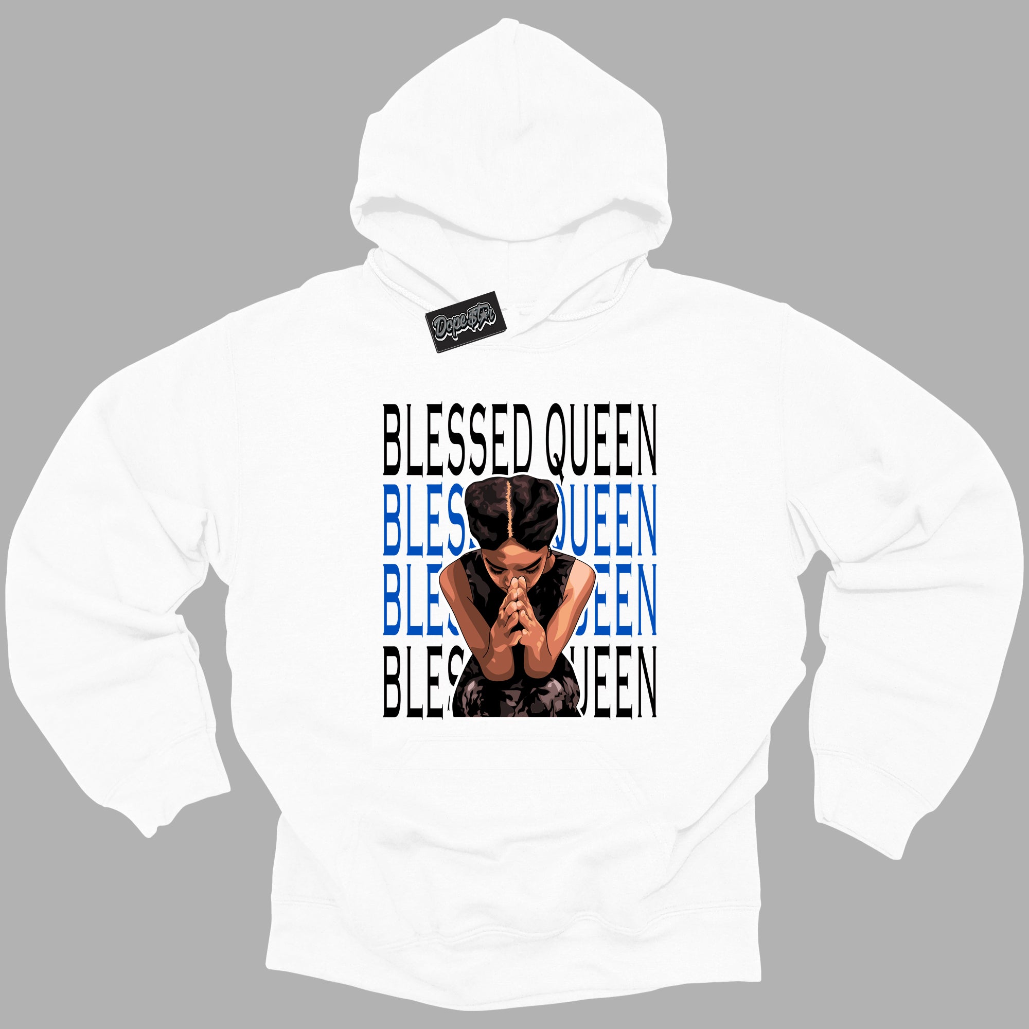 Cool White Hoodie with “ Blessed Queen ”  design that Perfectly Matches Royal Reimagined 1s Sneakers.