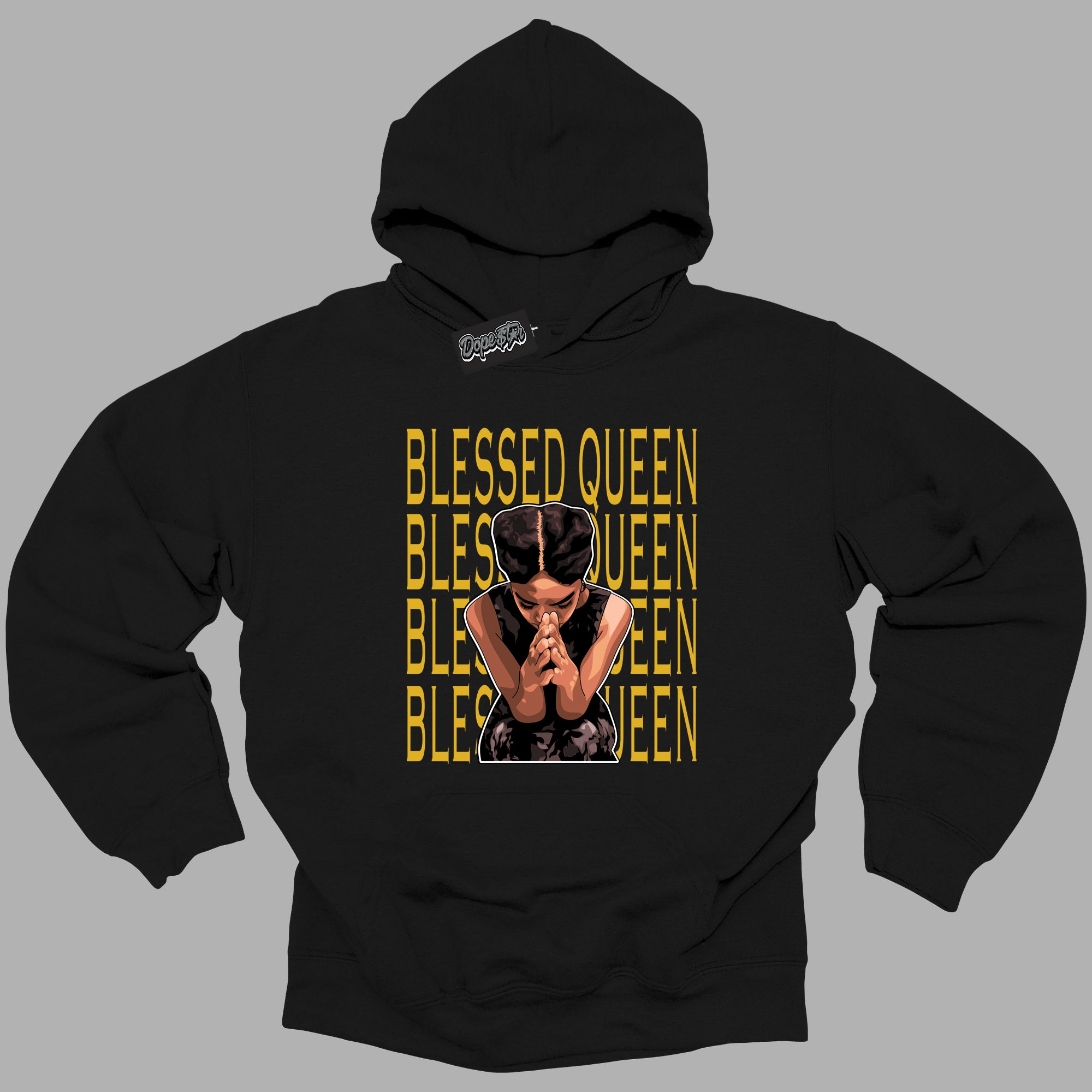 Cool Black Hoodie with “ Blessed Queen ”  design that Perfectly Matches Yellow Ochre 6s Sneakers.