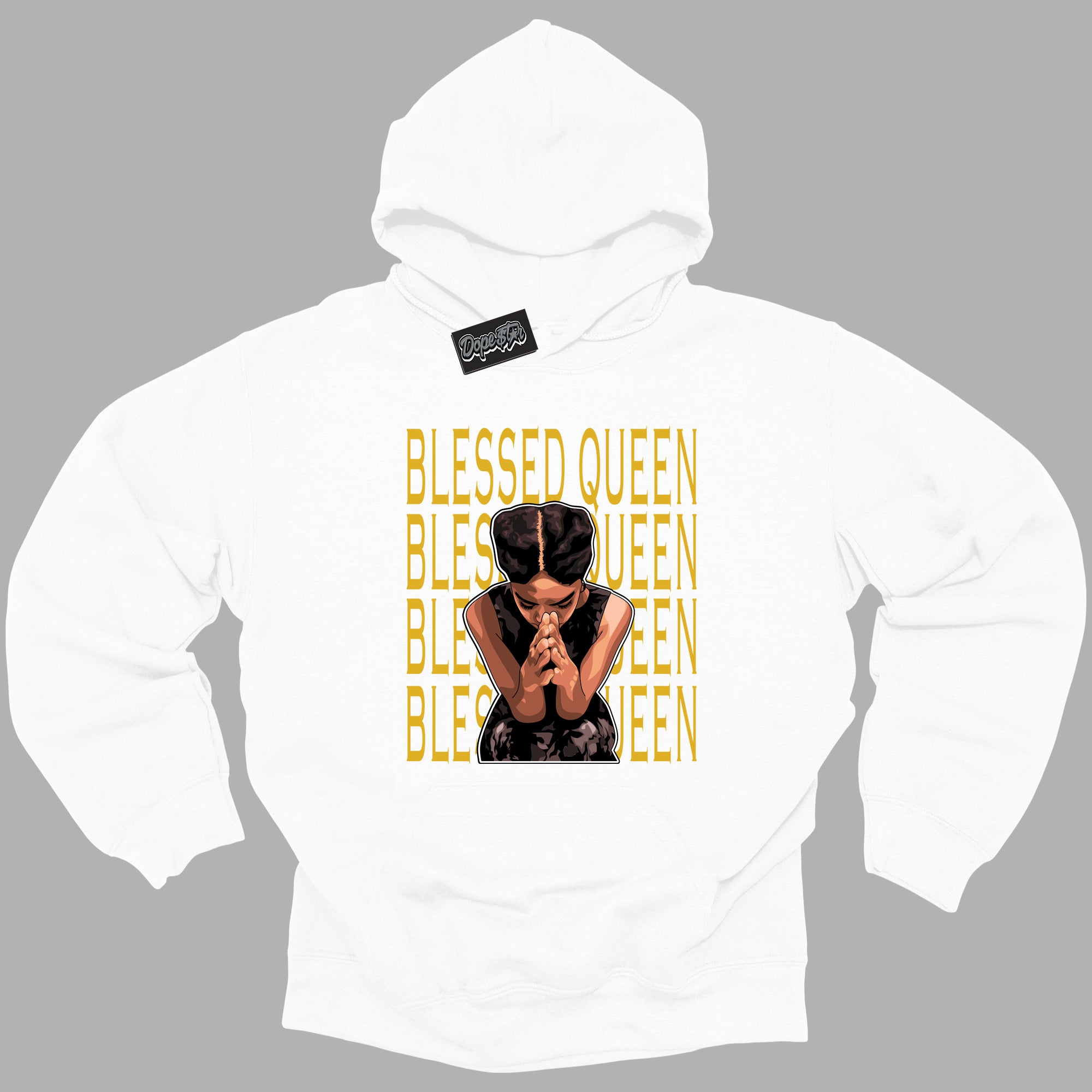 Cool White Hoodie with “ Blessed Queen ”  design that Perfectly Matches Yellow Ochre 6s Sneakers.