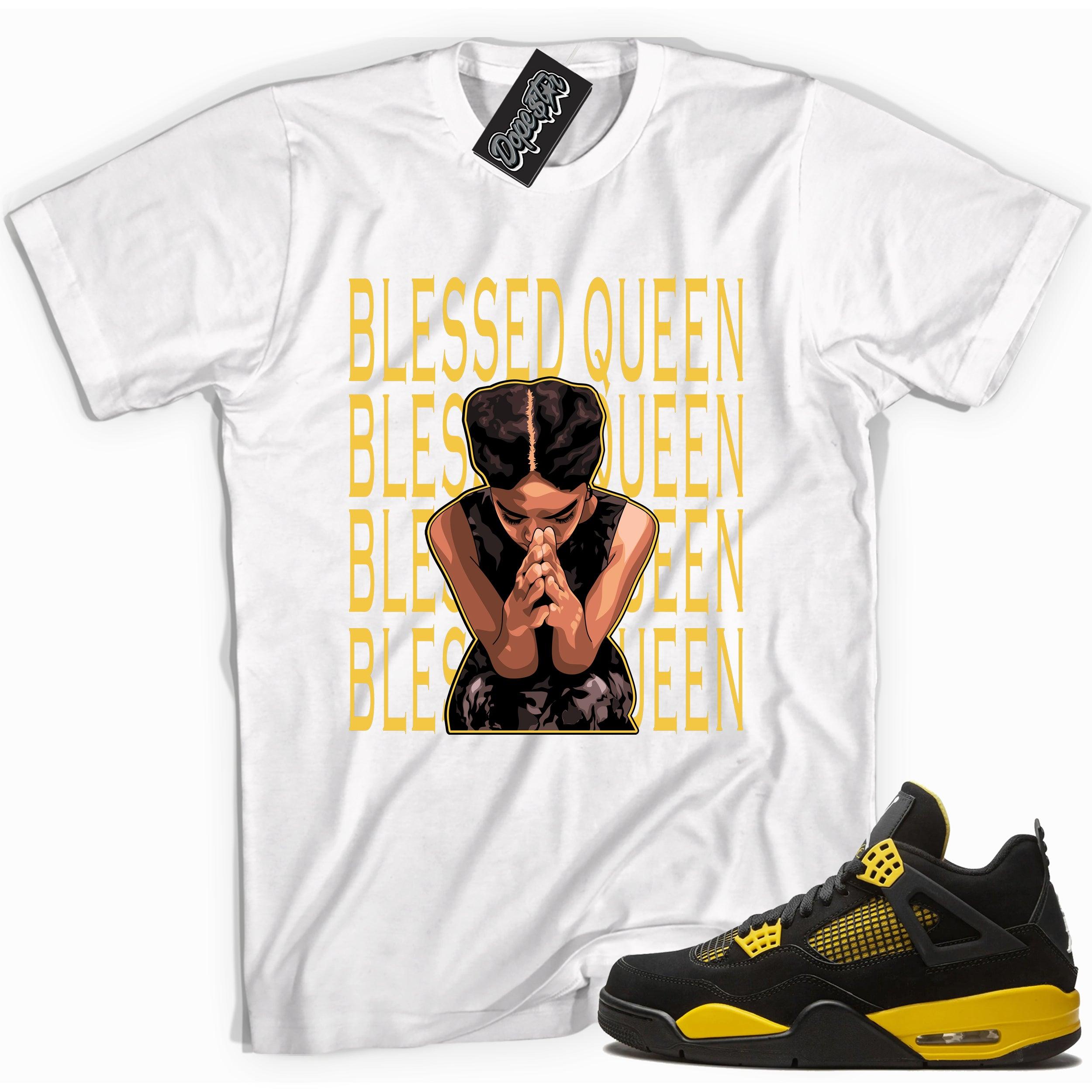 Cool white graphic tee with 'blessed queen' print, that perfectly matches Air Jordan 4 Thunder sneakers