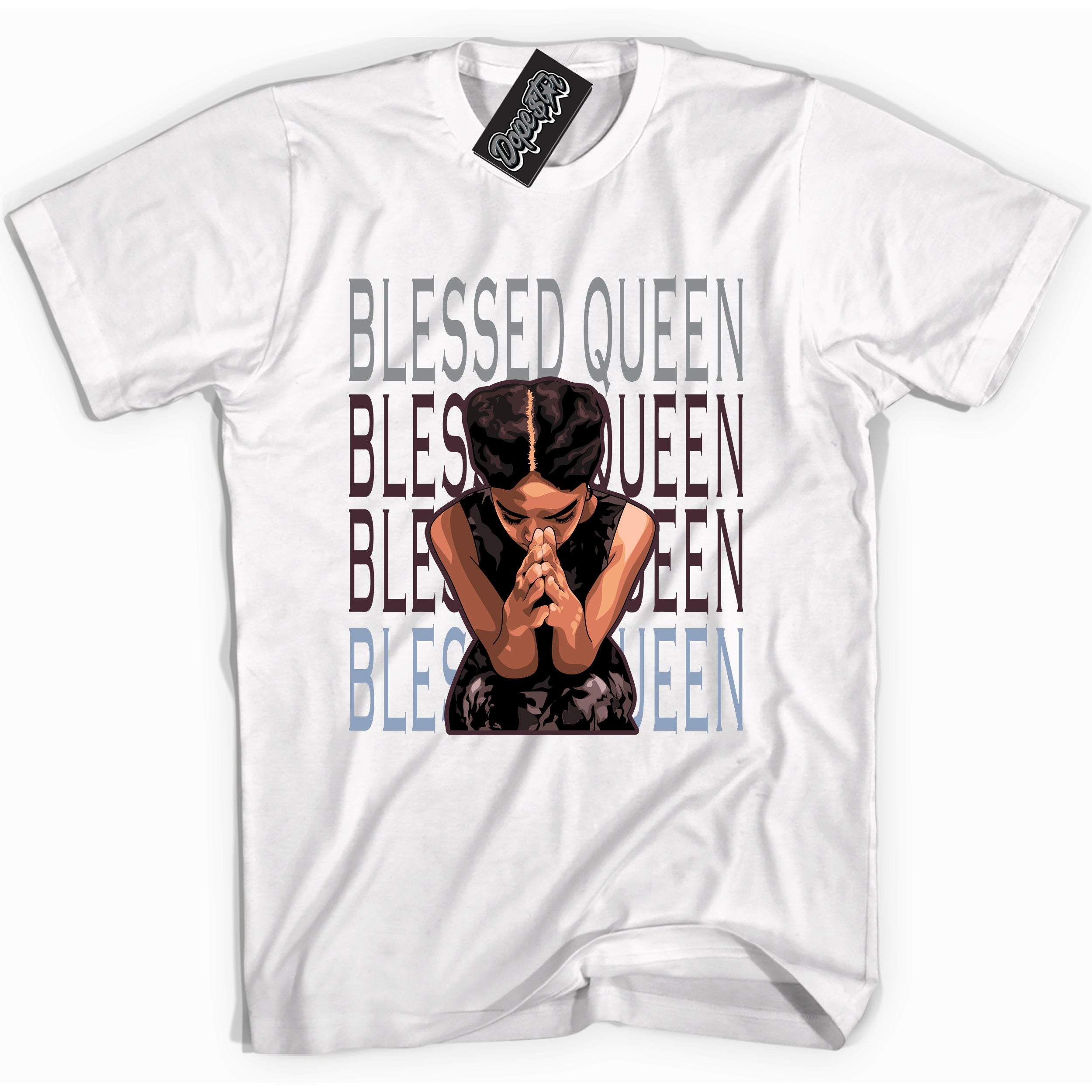 Cool White Shirt with “ Blessed Queen” design that perfectly matches Burgundy 5s Sneakers.