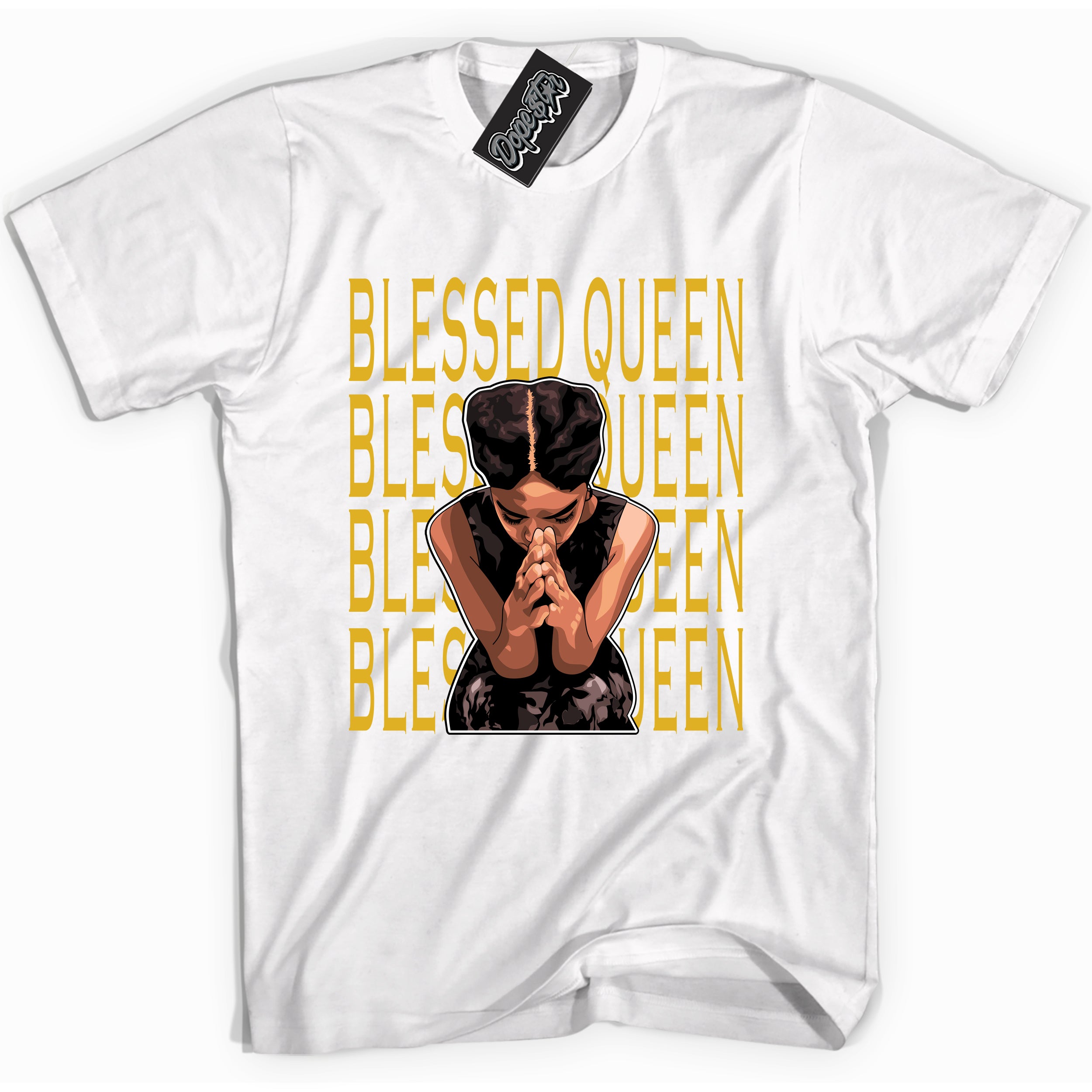 Cool White Shirt with “ Blessed Queen” design that perfectly matches Yellow Ochre 6s Sneakers.