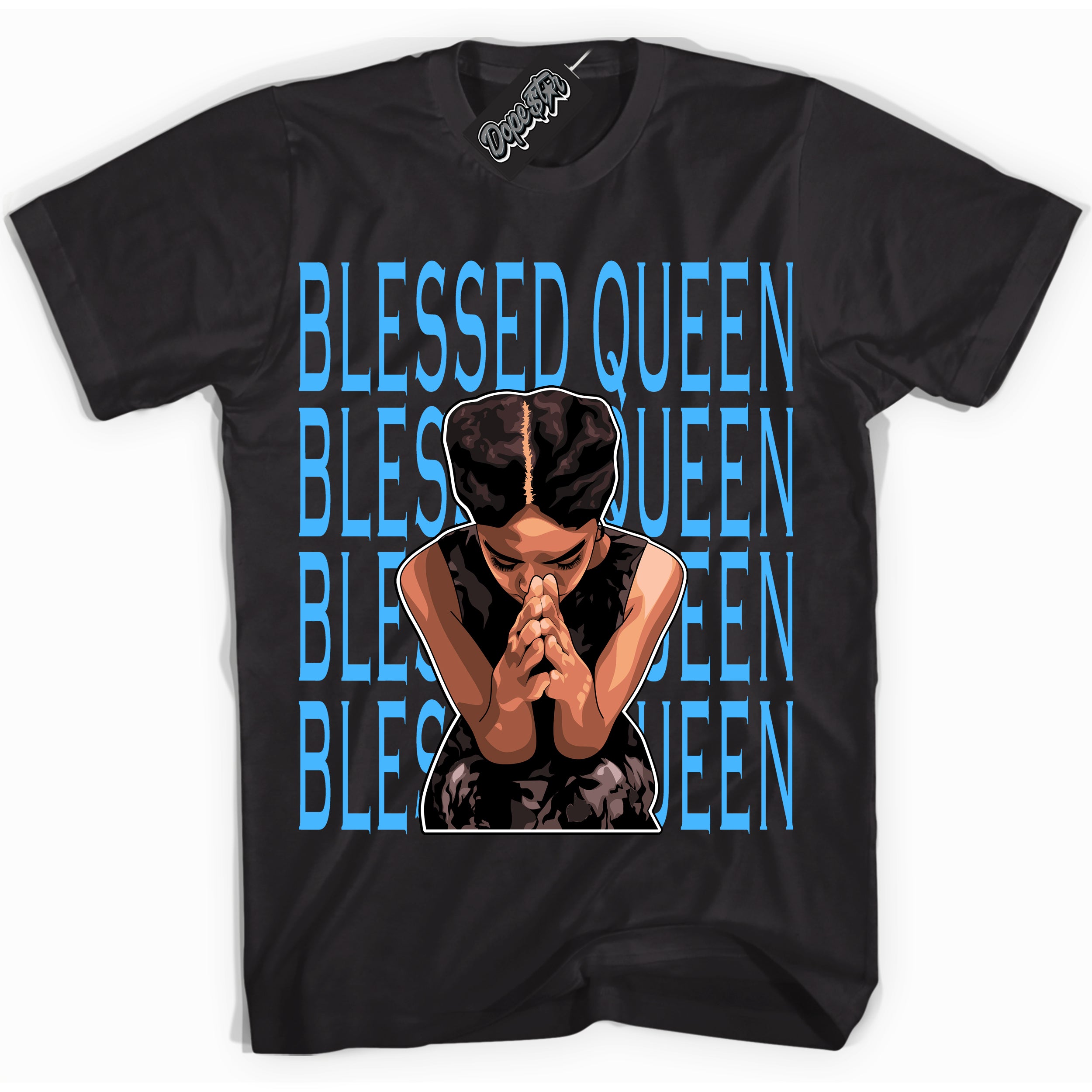 Cool Black graphic tee with “ Blessed Queen ” design, that perfectly matches Powder Blue 9s sneakers 