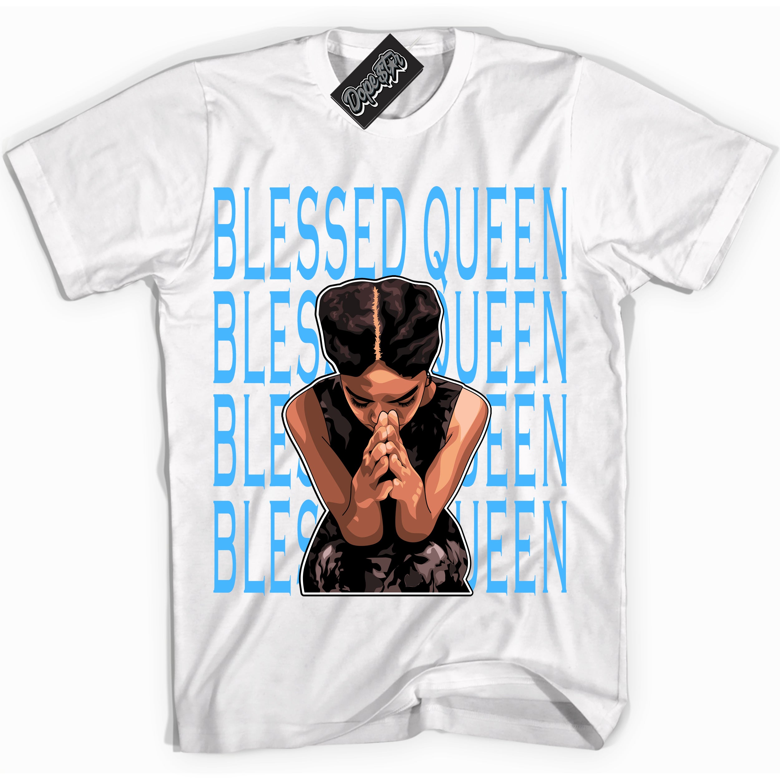 Cool White graphic tee with “ Blessed Queen ” design, that perfectly matches Powder Blue 9s sneakers 