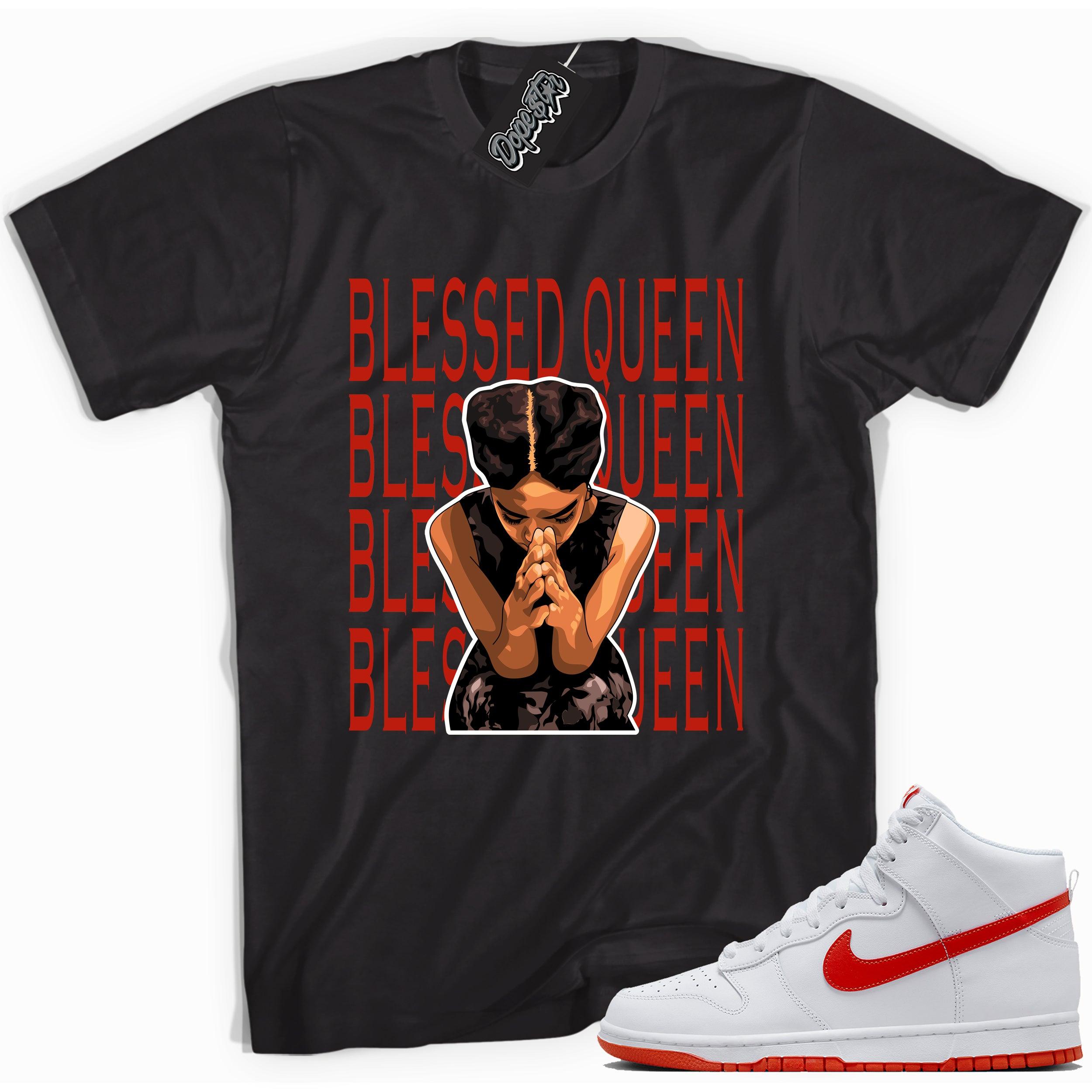 Cool black graphic tee with 'blessed queen' print, that perfectly matches Nike Dunk High White Picante Red sneakers.