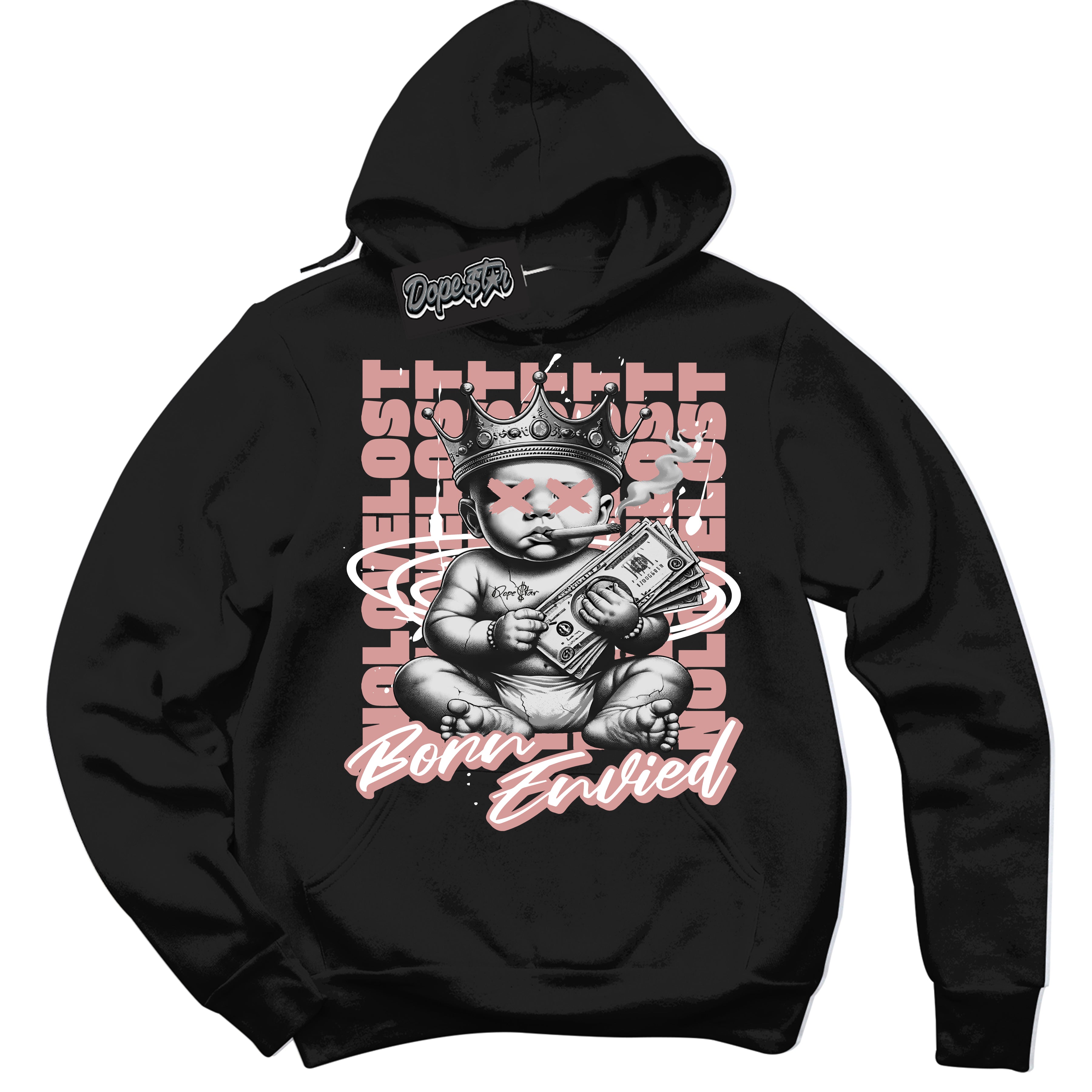 Cool Black Hoodie with “Born Envied” design that Perfectly Matches Legend Pink 11s Sneakers.