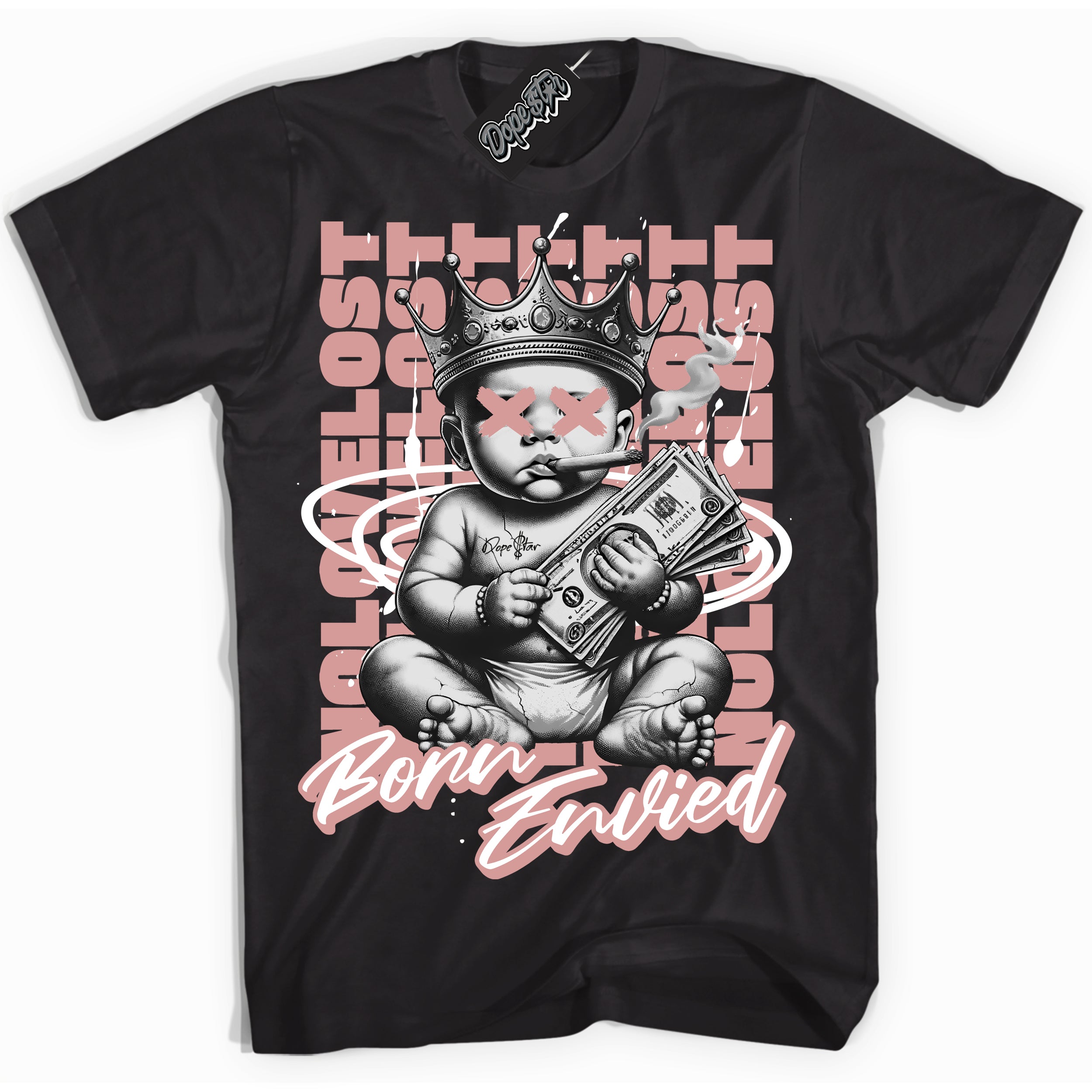 Cool Black Shirt with “Born Envied” design that perfectly matches the Legend Pink 11s Sneakers.