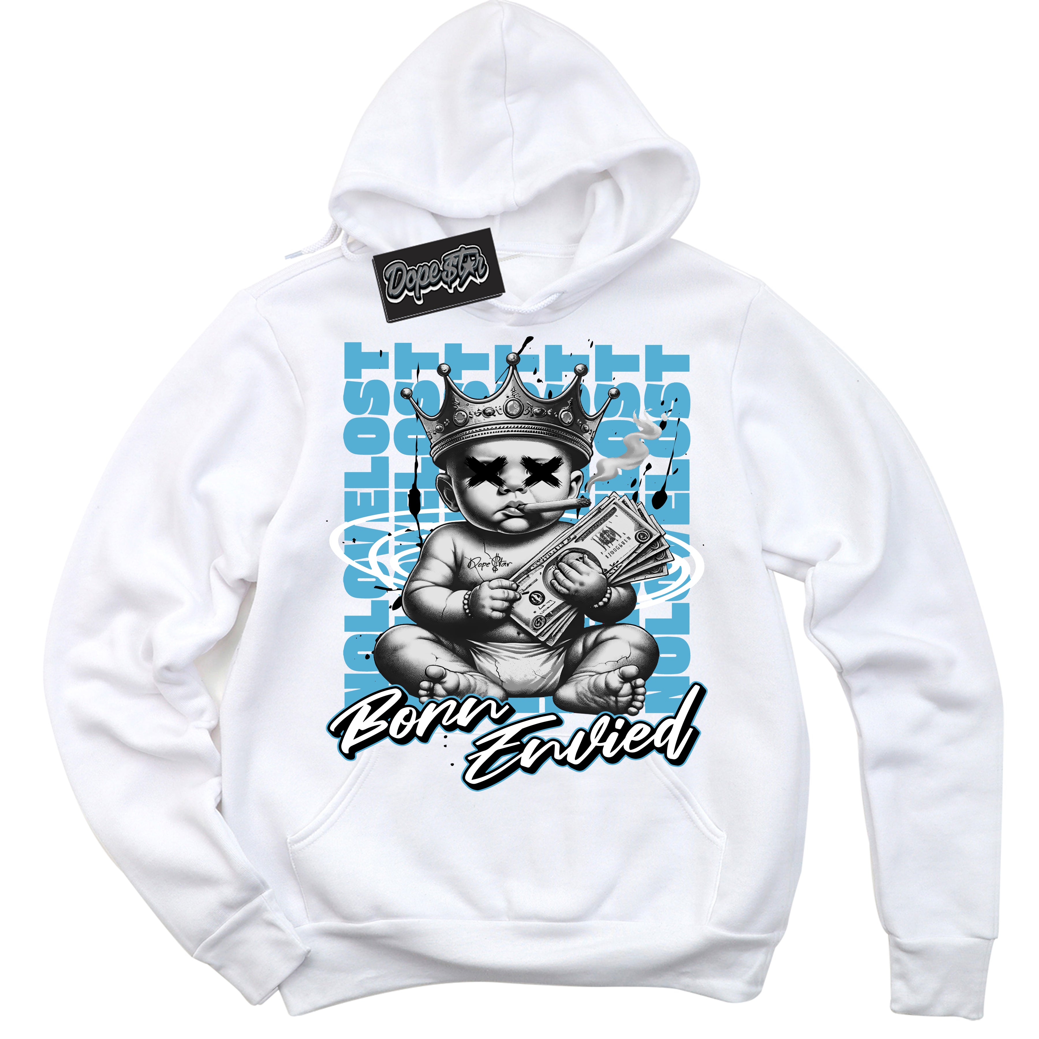 Cool White Hoodie with “Born Envied” design that Perfectly Matches Legend Blue 11s Sneakers.