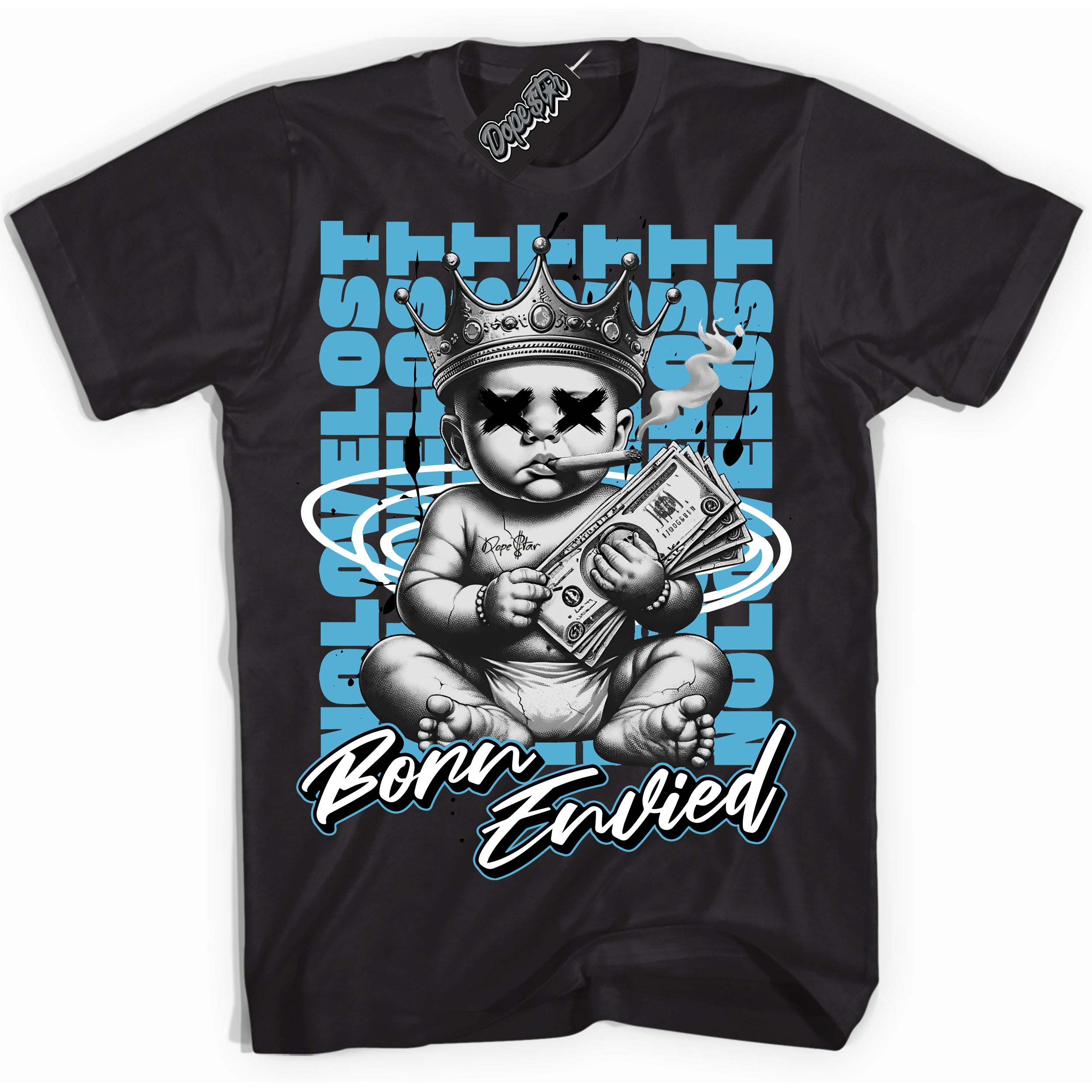 Cool Black Shirt with “Born Envied” design that perfectly matches the Legend Blue 11s Sneakers.