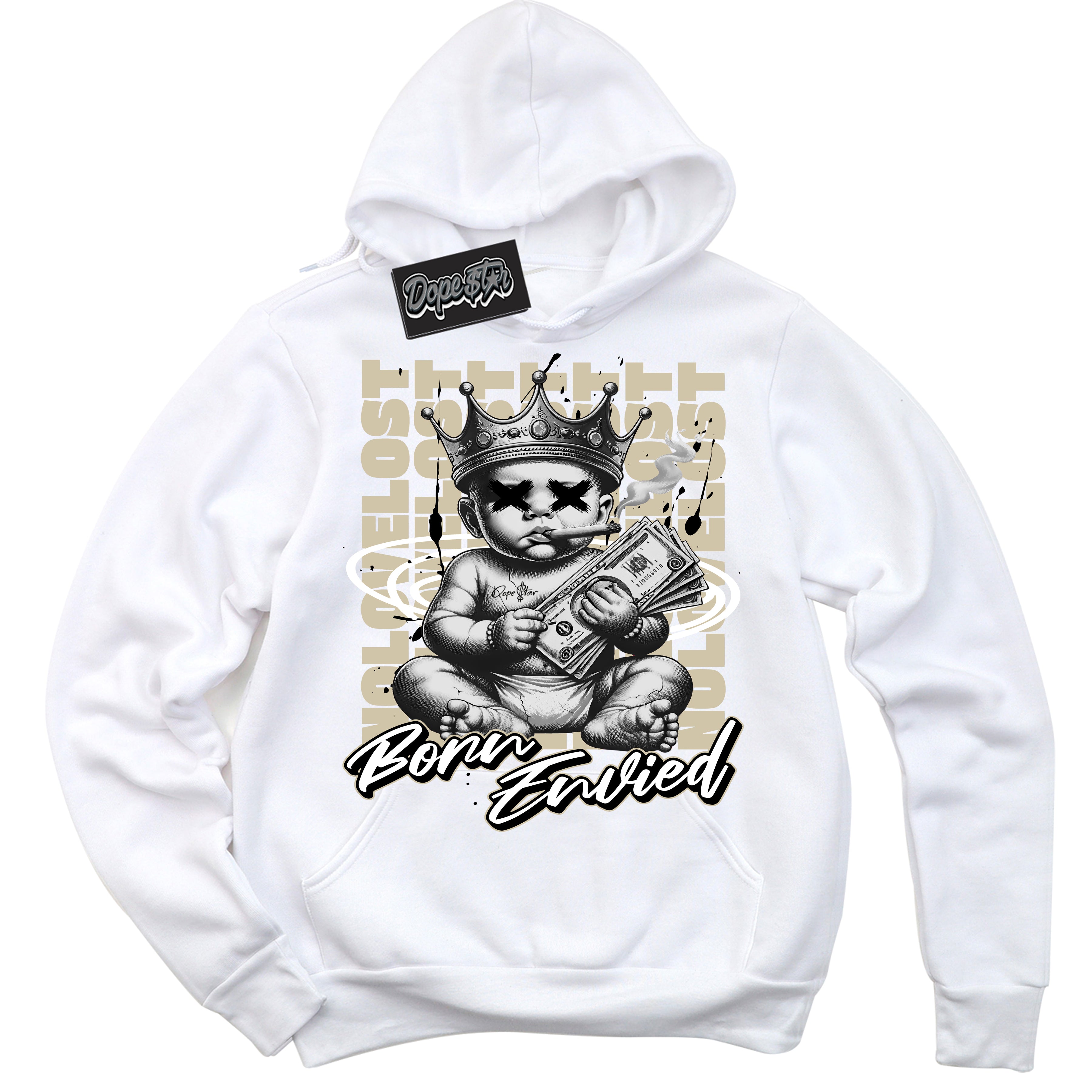 Cool White Hoodie with “Born Envied” design that Perfectly Matches Gratitude 11s Sneakers.