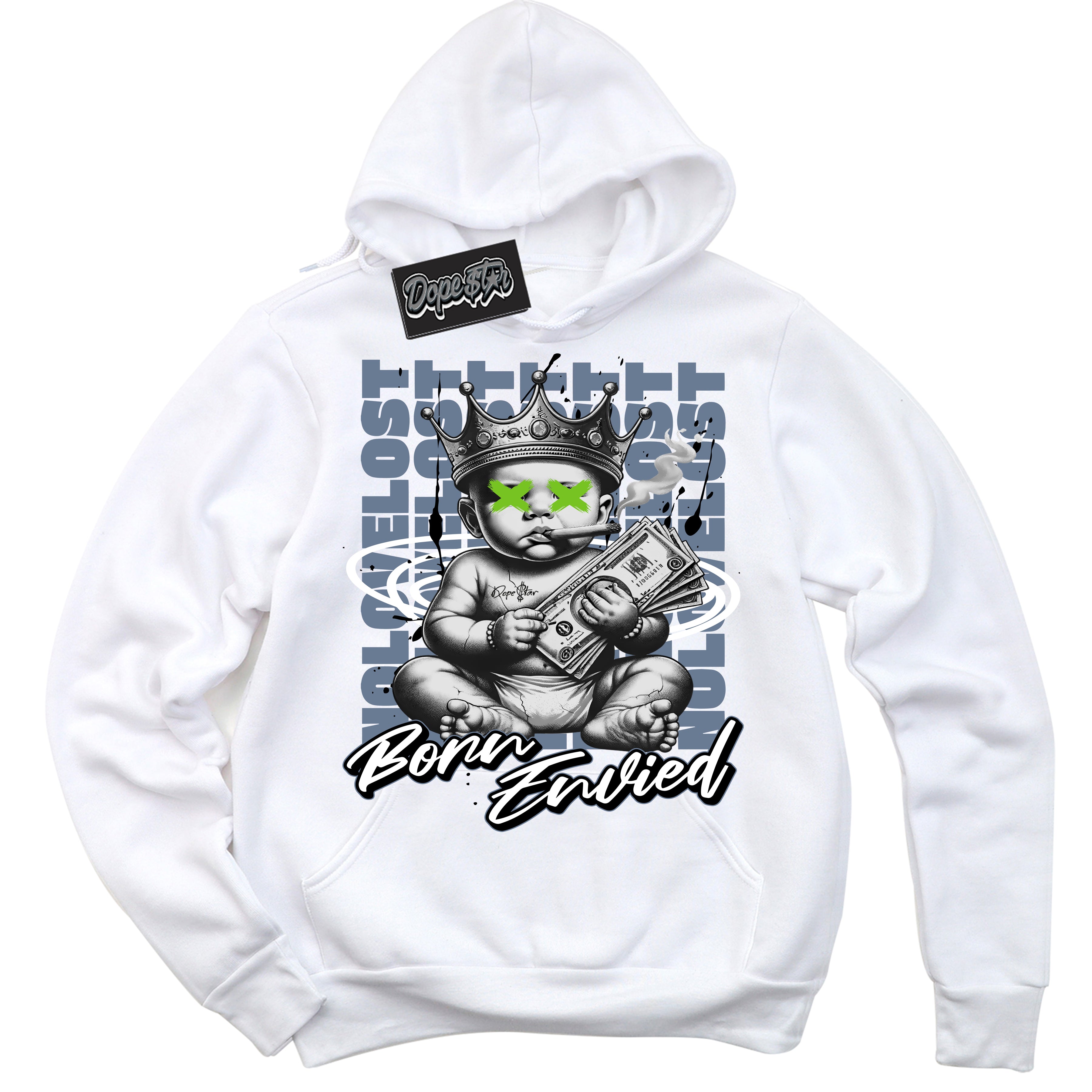 Cool White Hoodie with “Born Envied” design that Perfectly Matches Blue Grey 13s Sneakers.