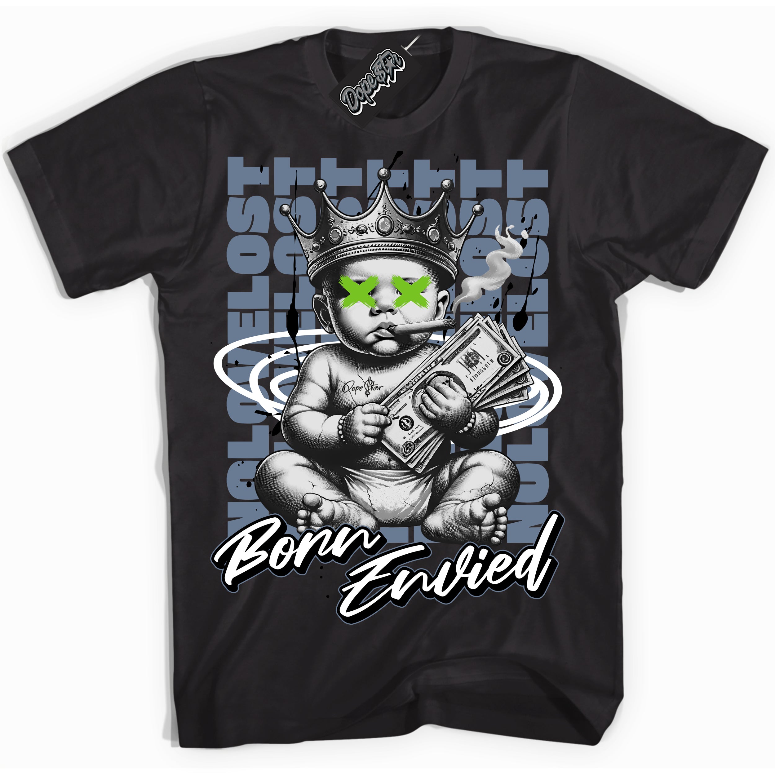 Cool Black Shirt with “Born Envied” design that perfectly matches the Blue Grey 13s Sneakers.