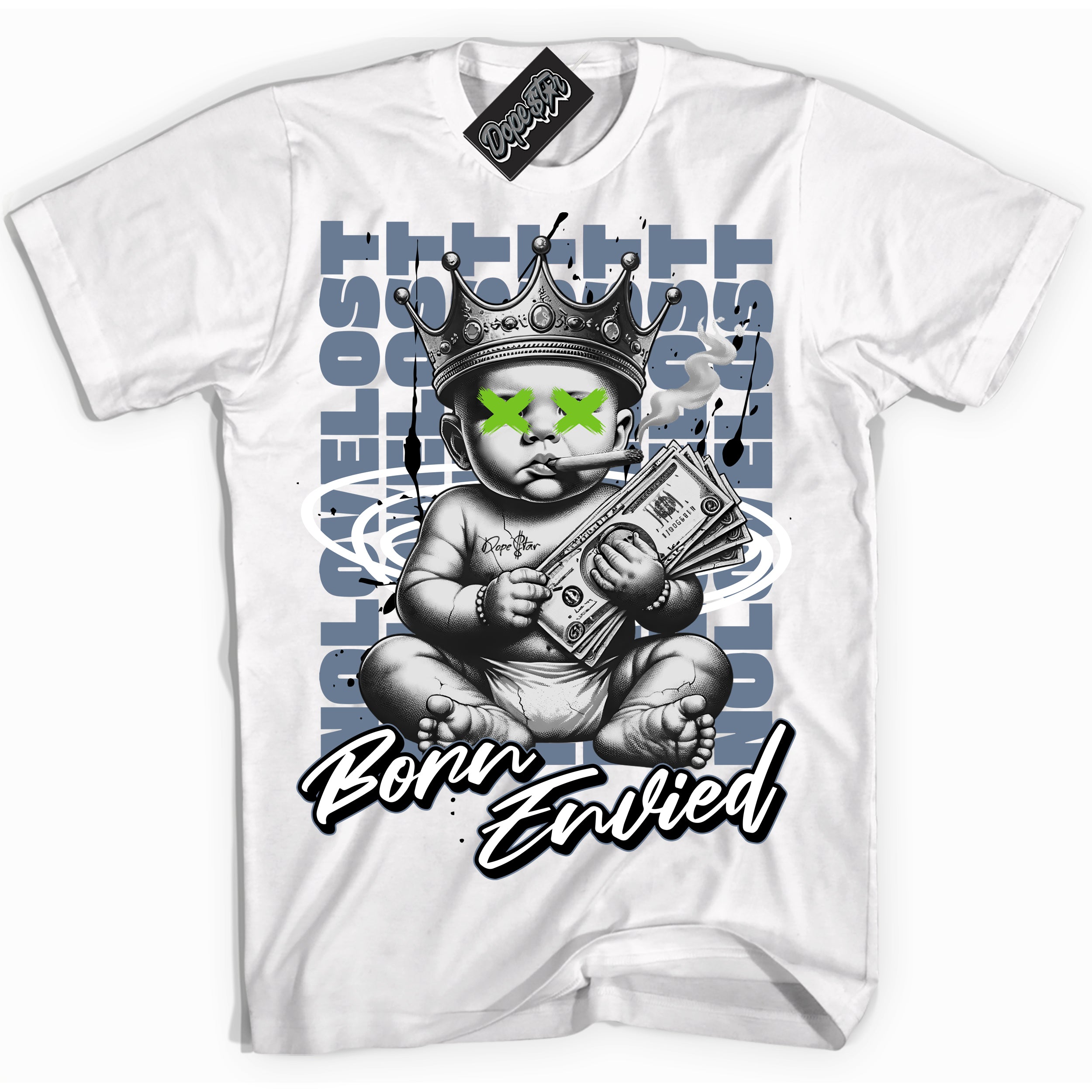 Cool White Shirt with “Born Envied” design that perfectly matches the Blue Grey 13s Sneakers.