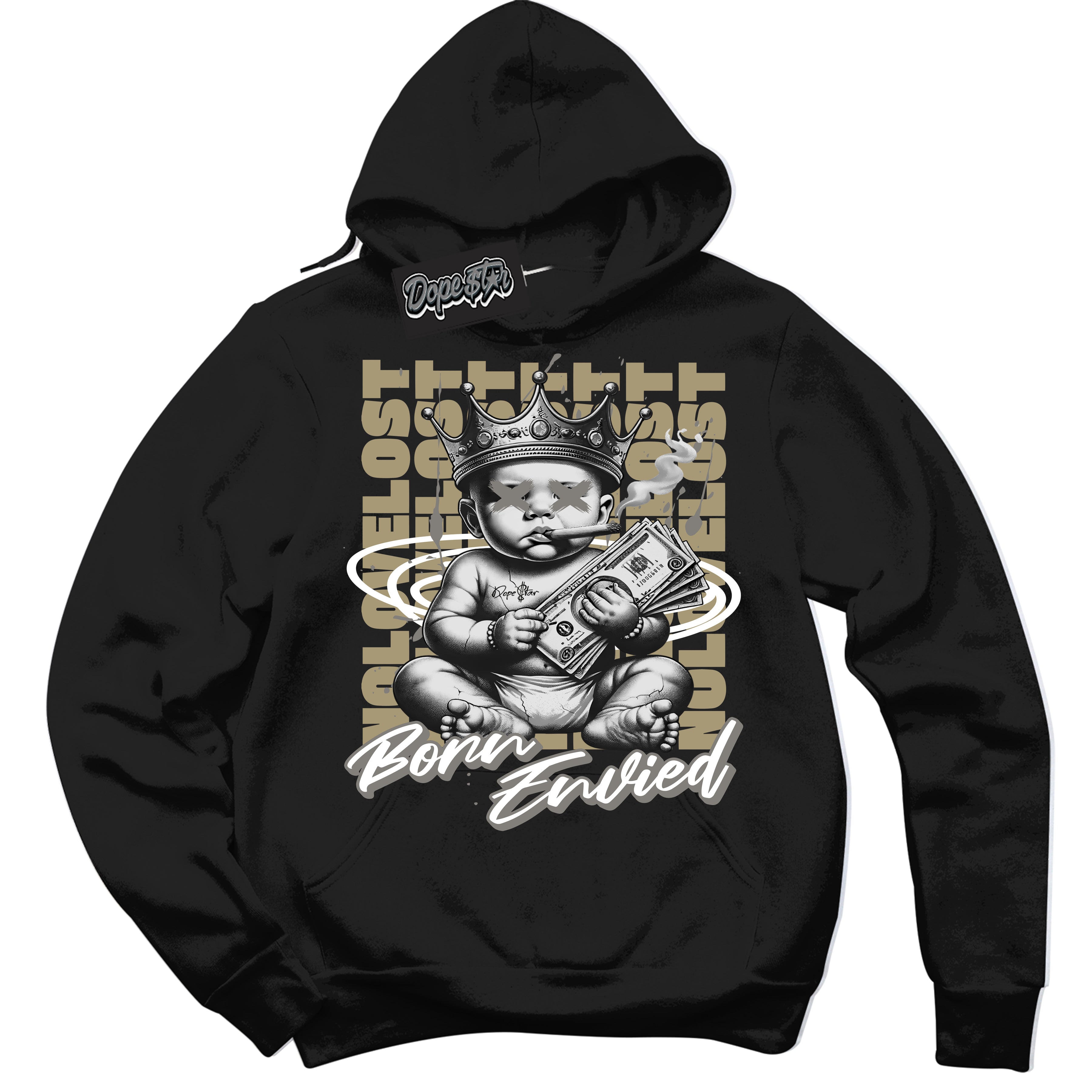 Cool Black Hoodie with “Born Envied” design that Perfectly Matches Craft Ivory 13s Sneakers.