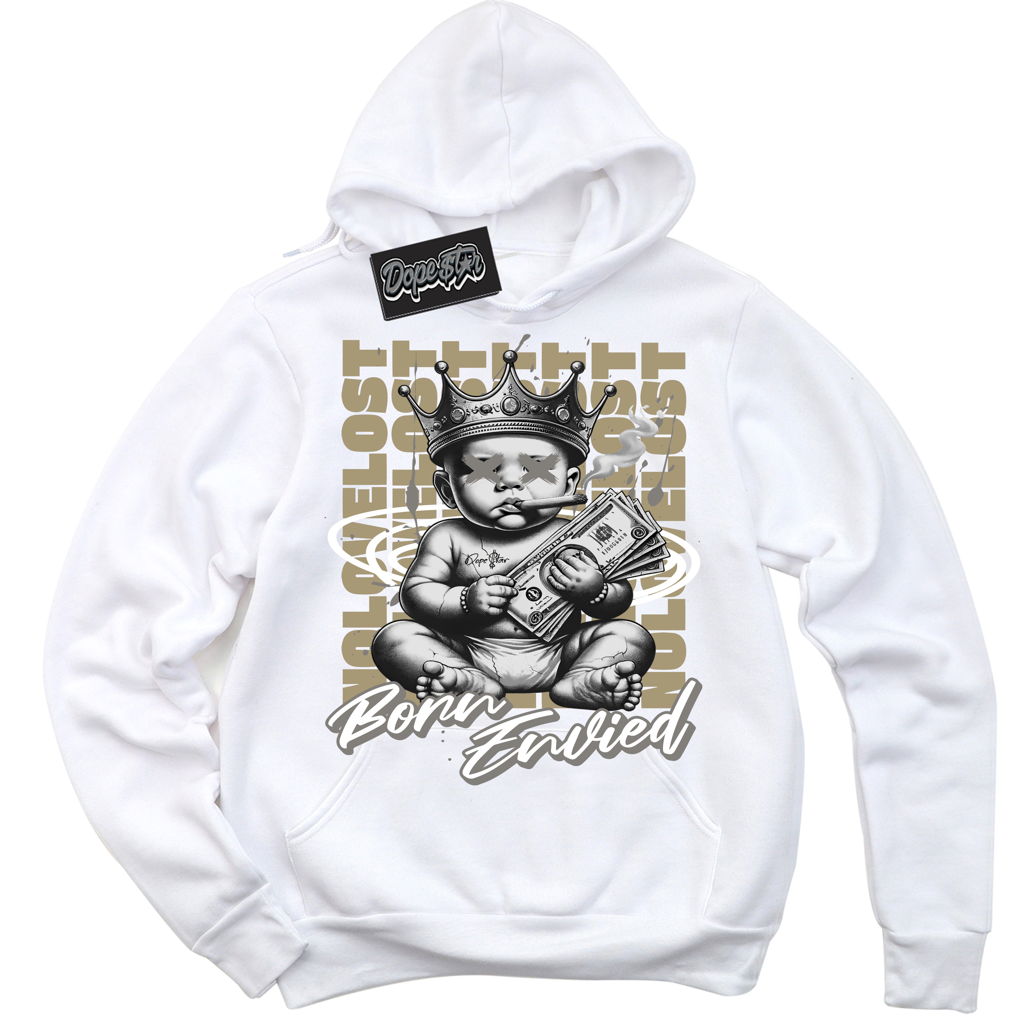 Cool White Hoodie with “Born Envied” design that Perfectly Matches Craft Ivory 13s Sneakers.