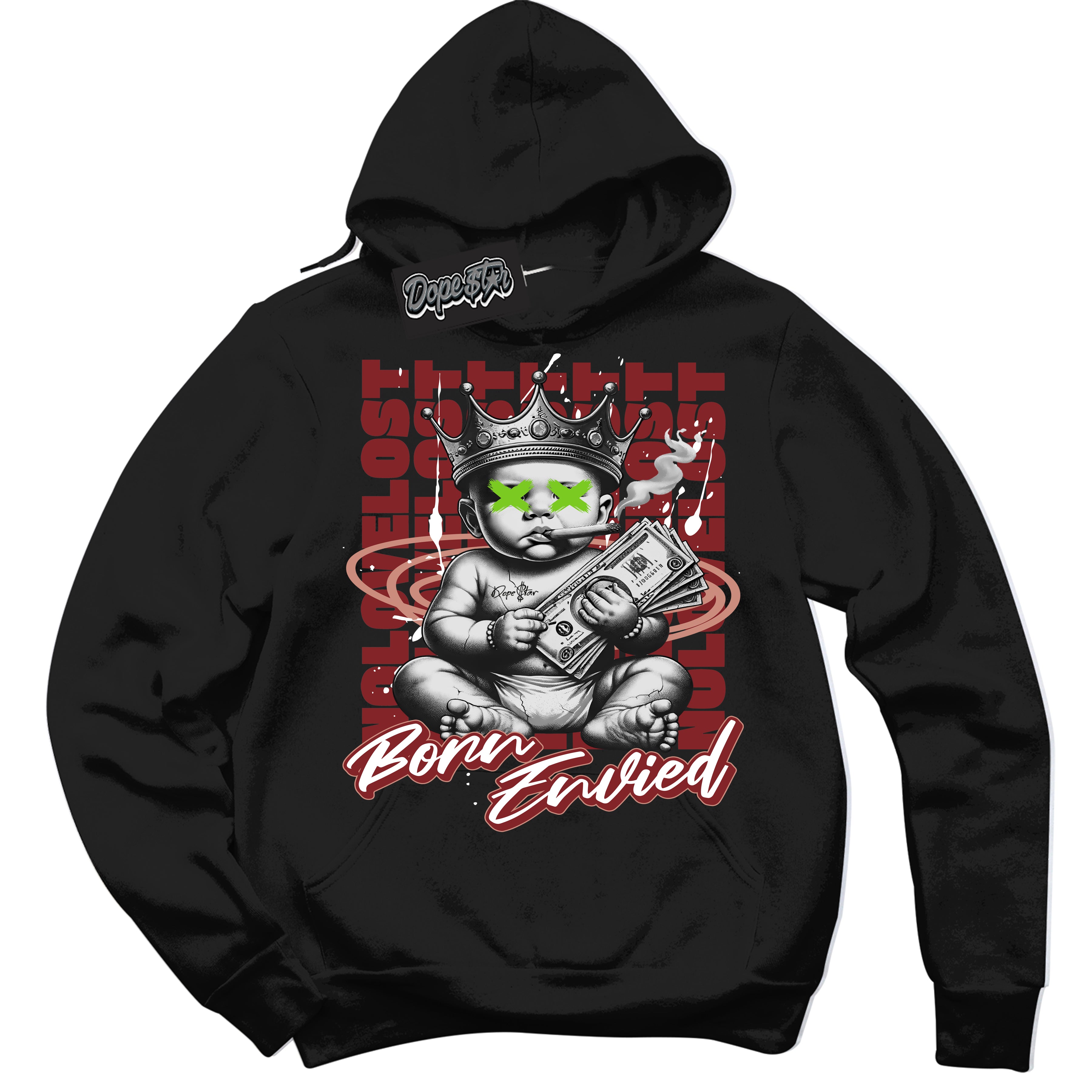 Cool Black Hoodie with “Born Envied” design that Perfectly Matches Dune Red 13s Sneakers.