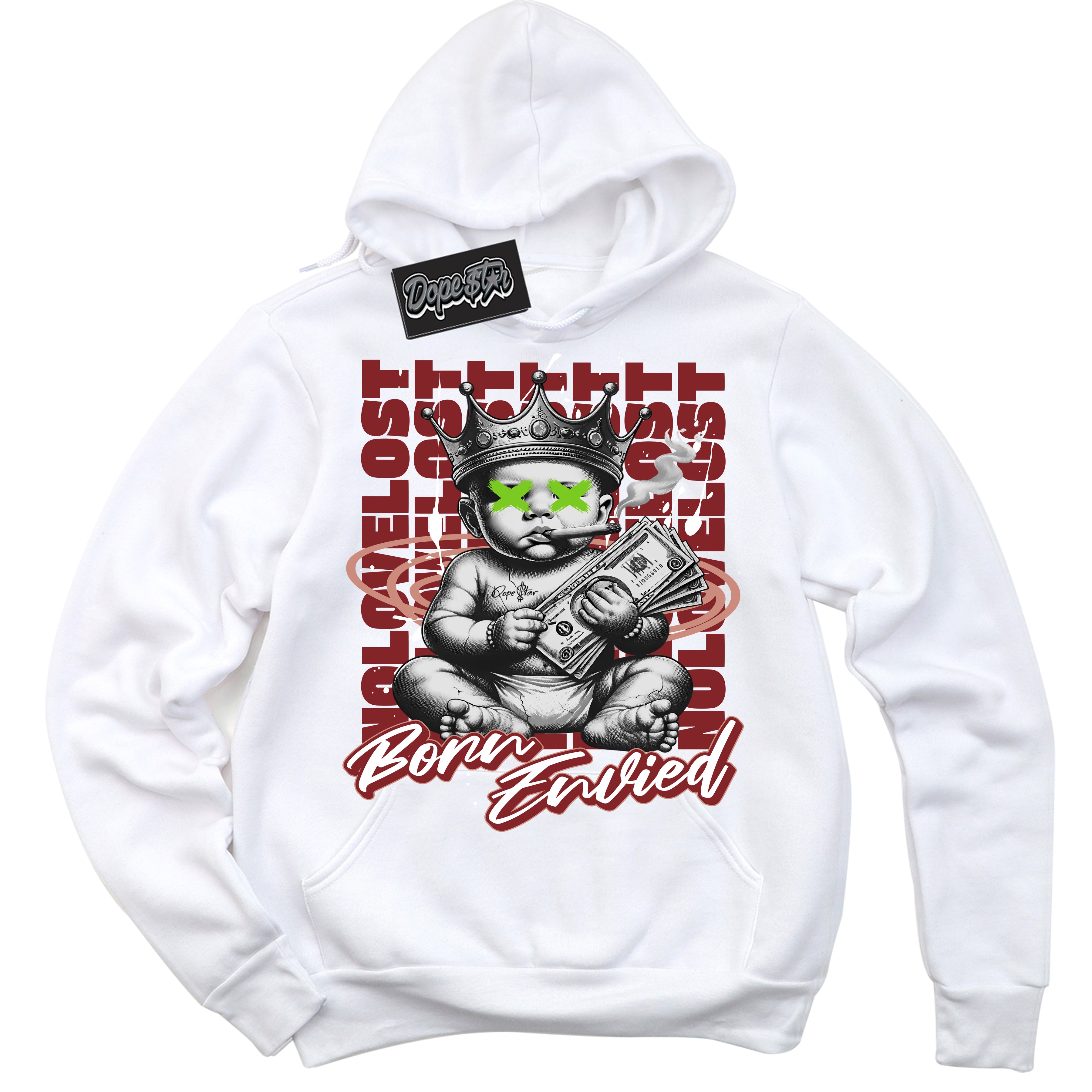 Cool White Hoodie with “Born Envied” design that Perfectly Matches Dune Red 13s Sneakers.