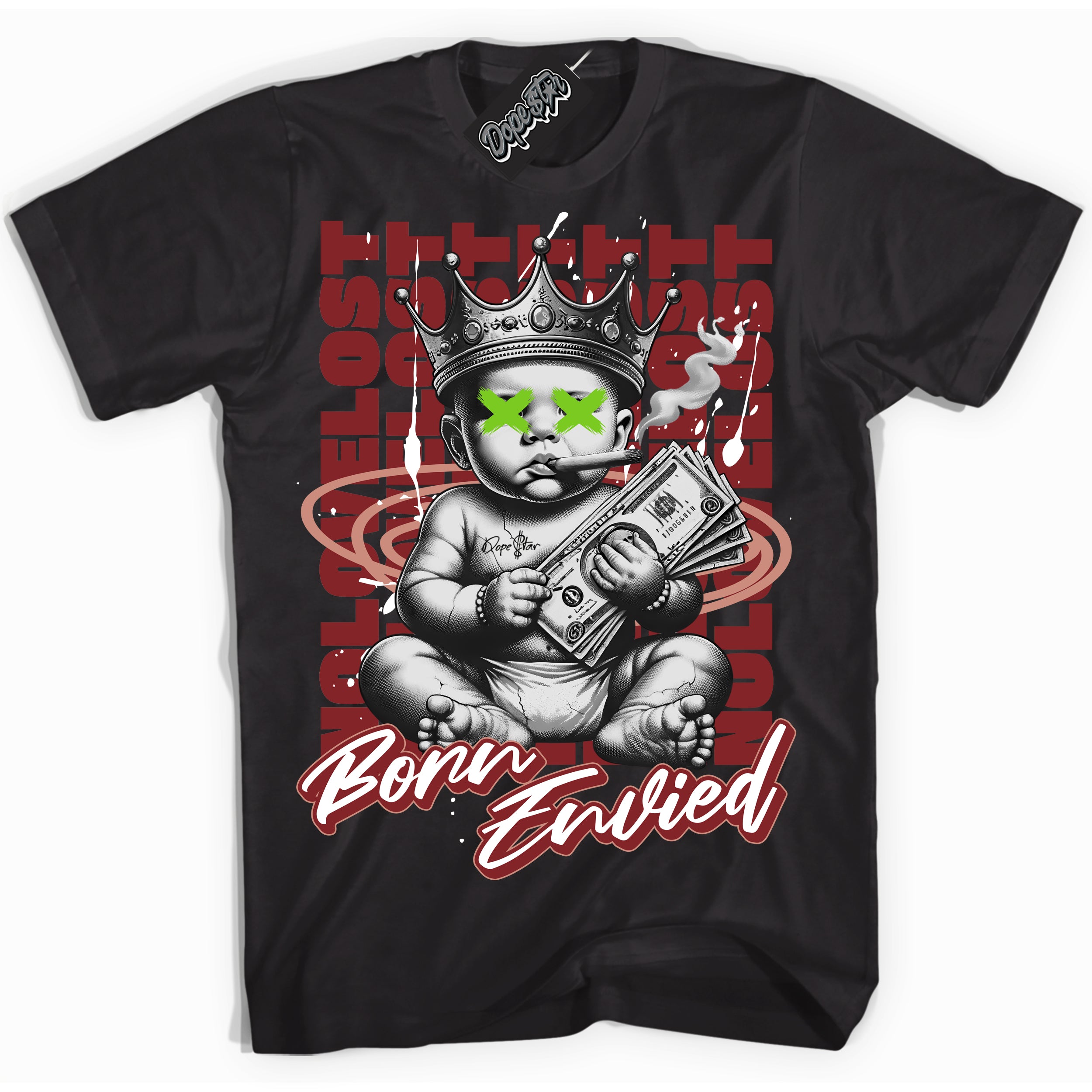 Cool Black Shirt with “Born Envied” design that perfectly matches the Dune Red 13s Sneakers.