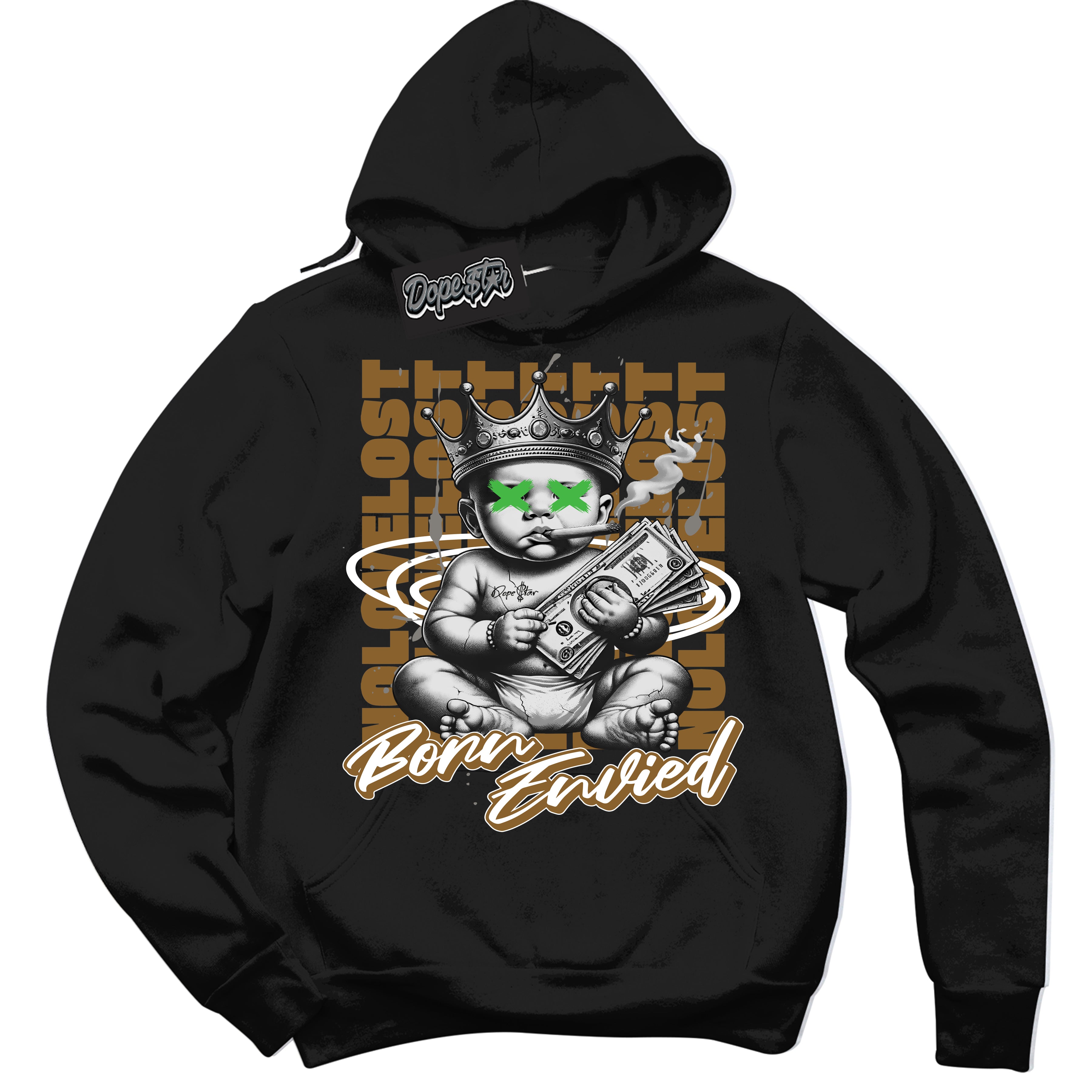 Cool Black Hoodie with “Born Envied” design that Perfectly Matches Wheat 13s Sneakers.