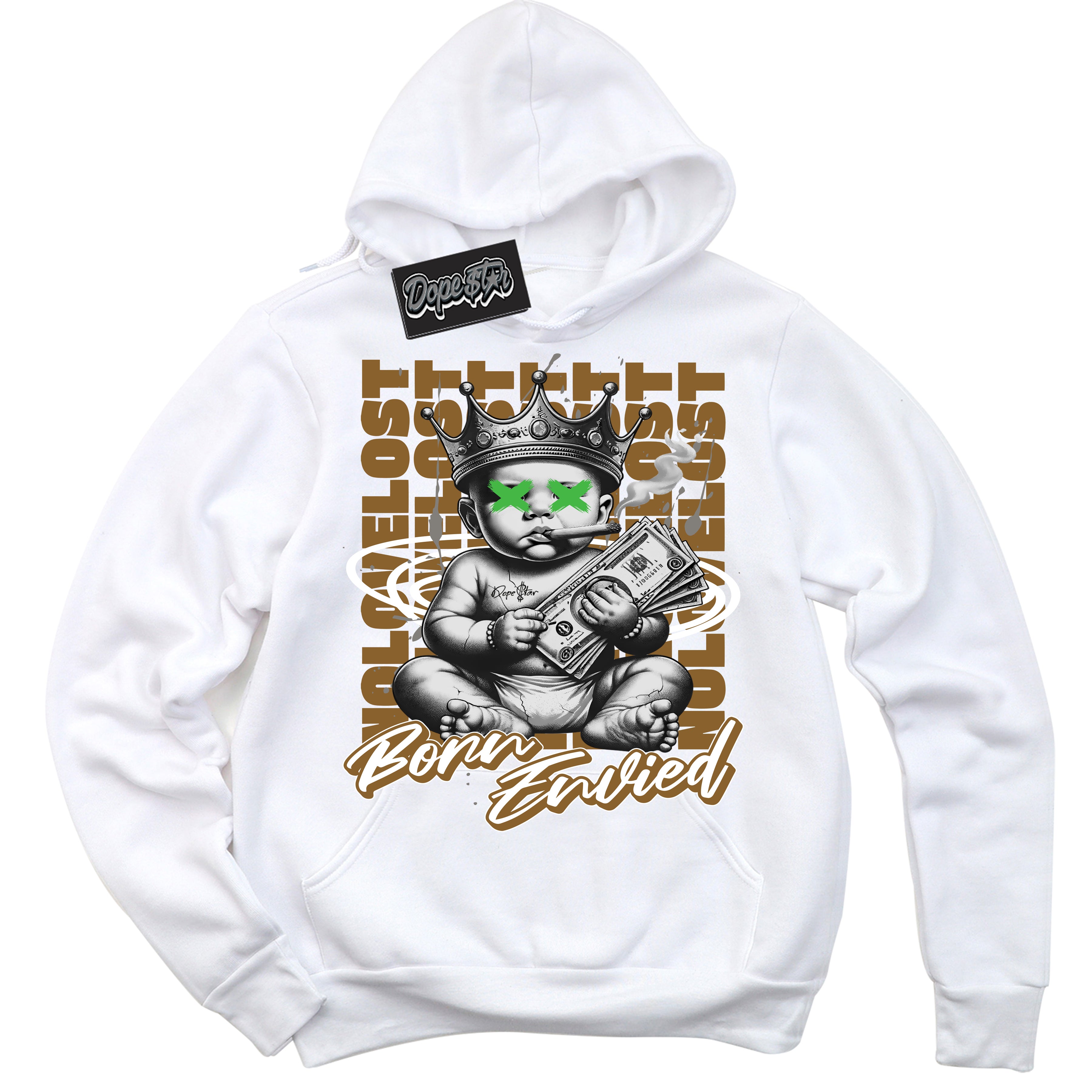 Cool White Hoodie with “Born Envied” design that Perfectly Matches Wheat 13s Sneakers.