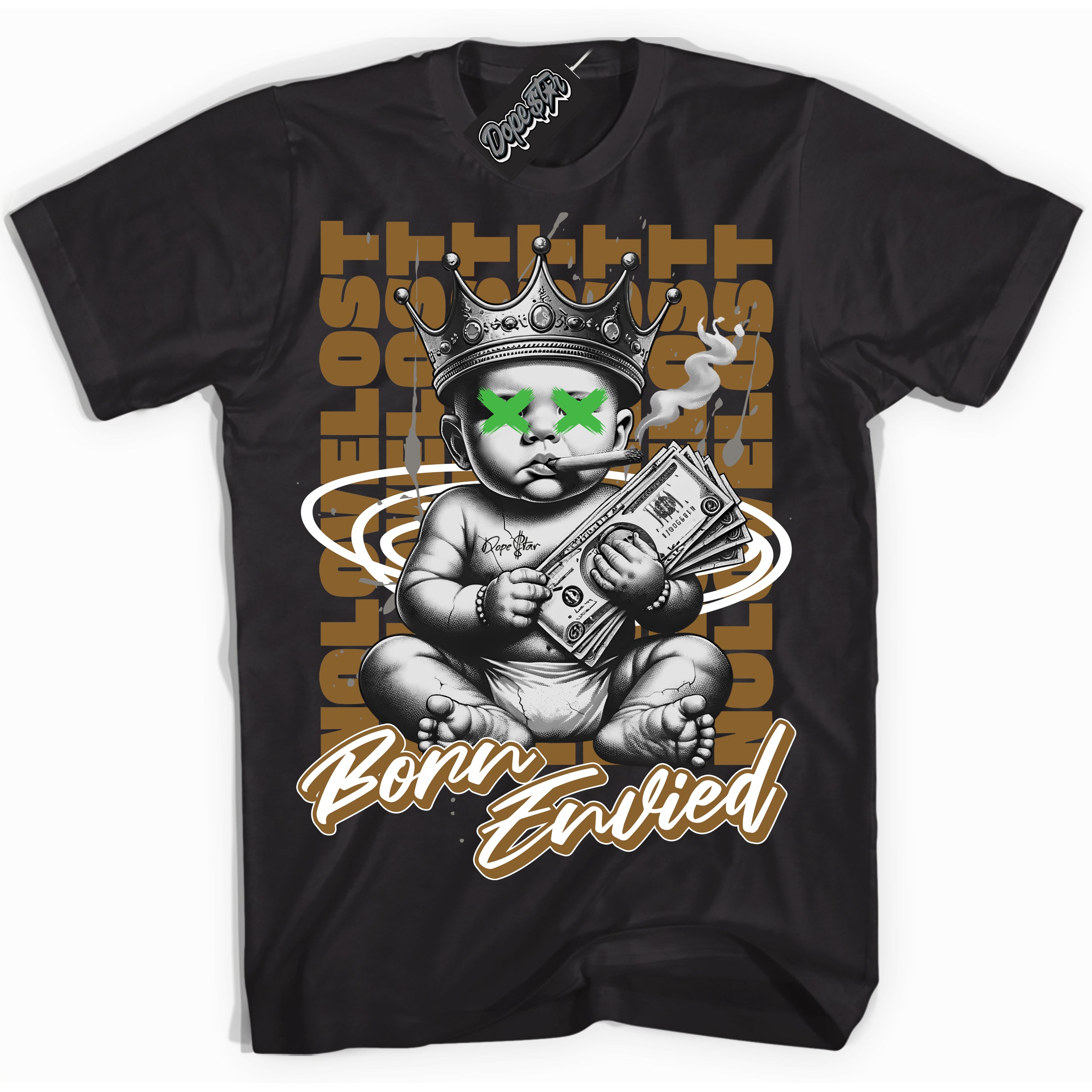 Cool Black Shirt with “Born Envied” design that perfectly matches the Wheat 13s Sneakers.