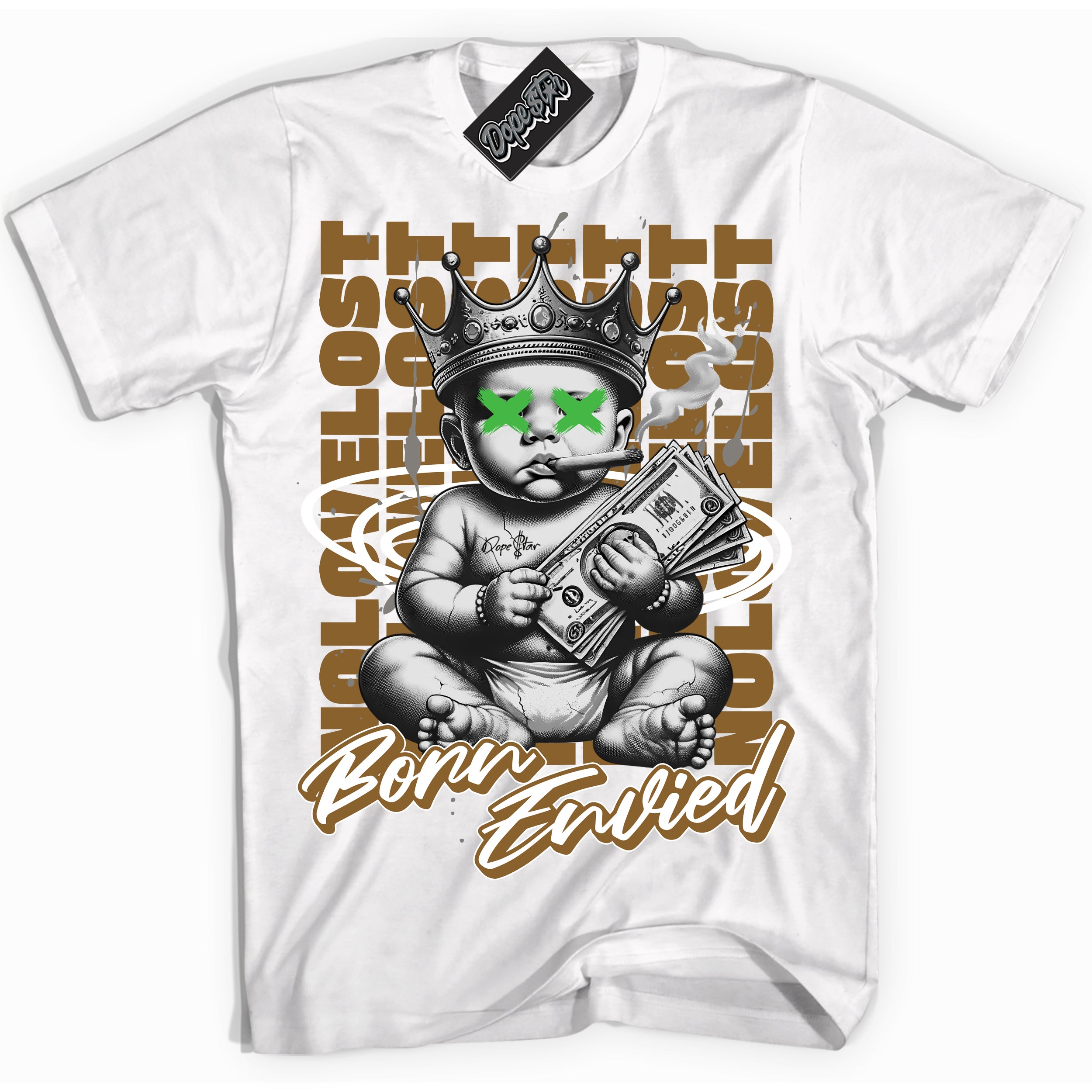 Cool White Shirt with “Born Envied” design that perfectly matches the Wheat 13s Sneakers.