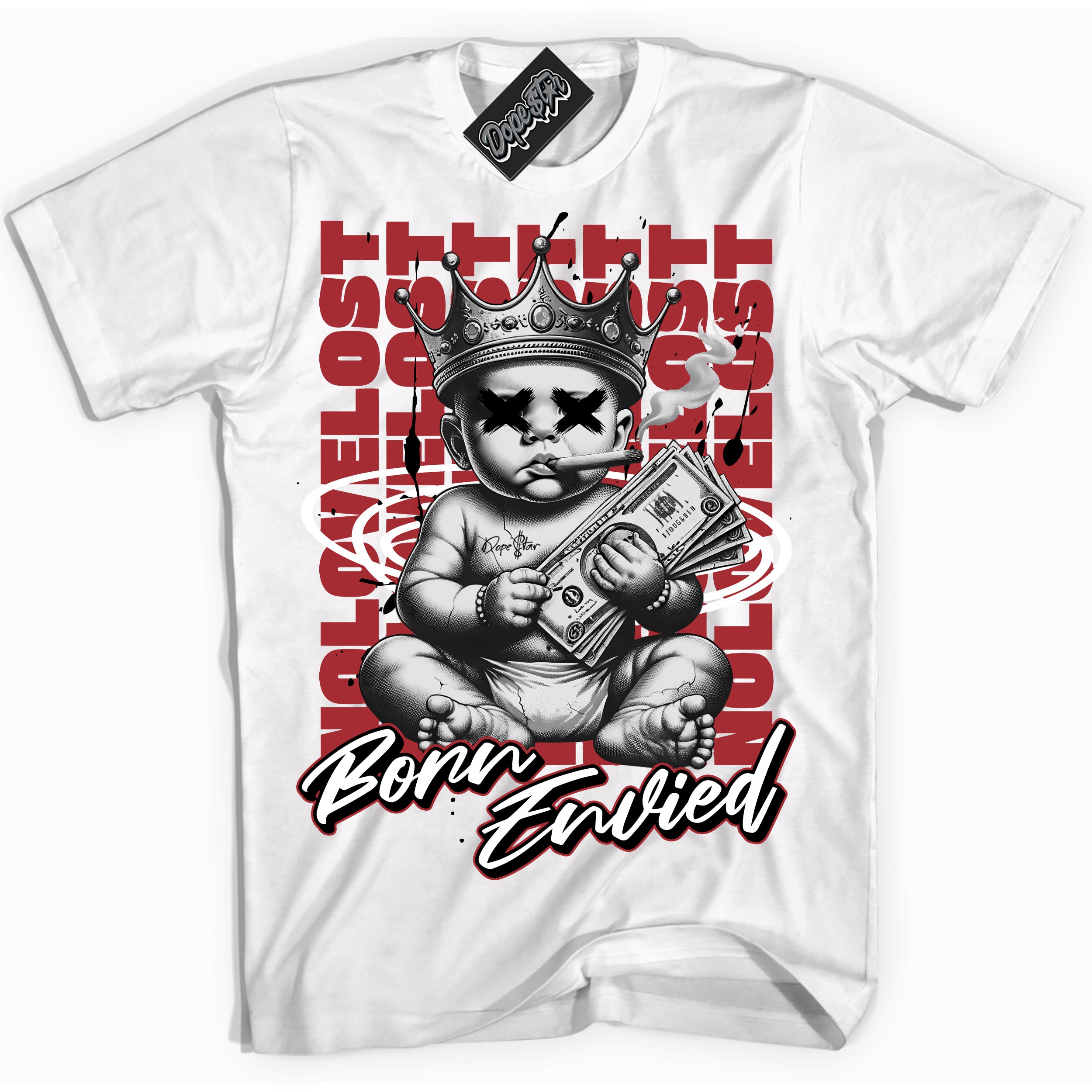 Cool White Shirt with “Born Envied” design that perfectly matches the Black Toe 14s Sneakers.